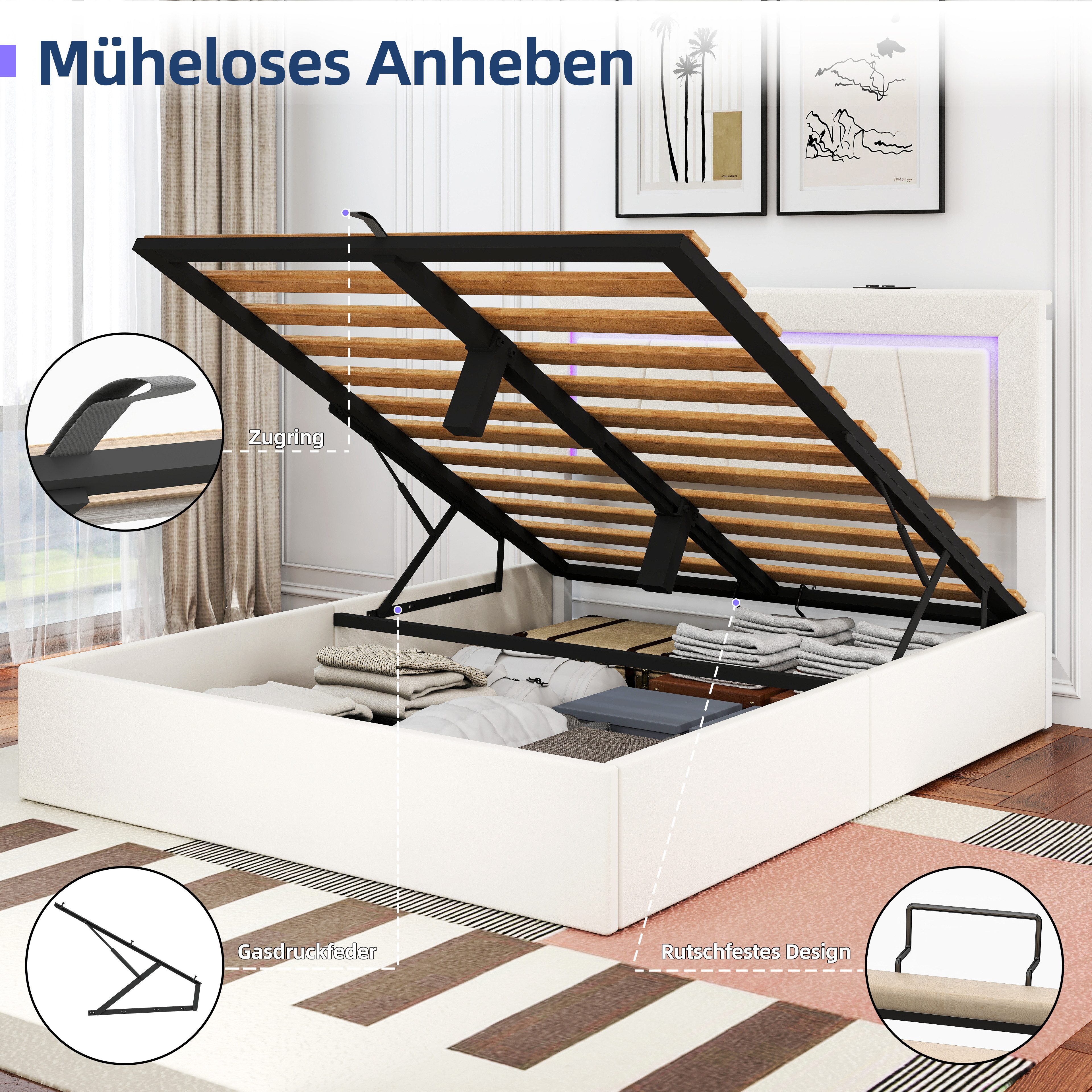 oyajia Polsterbett LED Doppelbett 140x200cm mit Ladefunktion und Hydraulisch anhebbarer (PU-Leder material Polsterbett mit RGB Beleuchtung, ohne Matratze, ohne Matratze), mit Lattenrost und Ladefunktion, mit Komforthöhe, Leises Design Bett