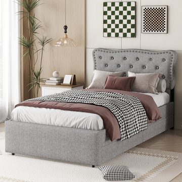 Ulife Polsterbett Kinderbett Jugendbett flaches Bett mit 2 Schubladen, Nachttischpolsterung mit dekorativen Nieten, 90x200cm