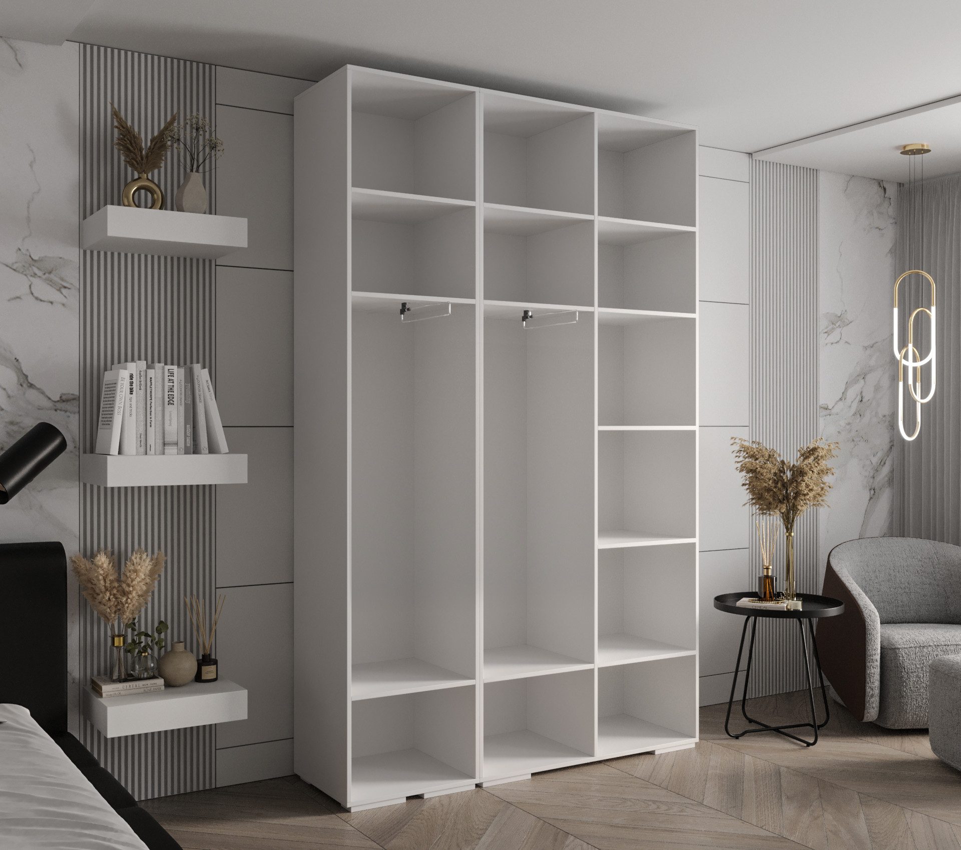 MOEBLO Schrankmodule IVONA 1 (goldene Griffe, elegante Garderobe, glamouröser Stil, Schrank Garderobe Schiebtüren Schlafzimmer, Modularer Kleiderschrank)