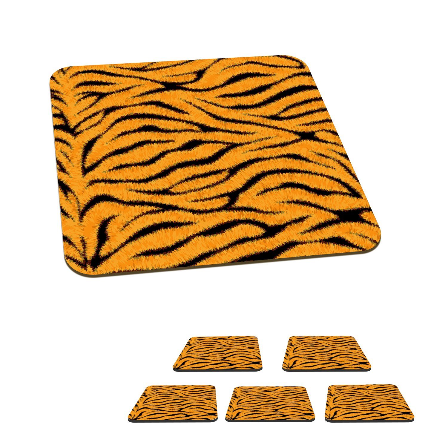 MuchoWow Glasuntersetzer Tigerdruck - Orange - Schwarz, Zubehör für Gläser, 6-tlg., Glasuntersetzer, Tischuntersetzer, Korkuntersetzer, Untersetzer, Tasse