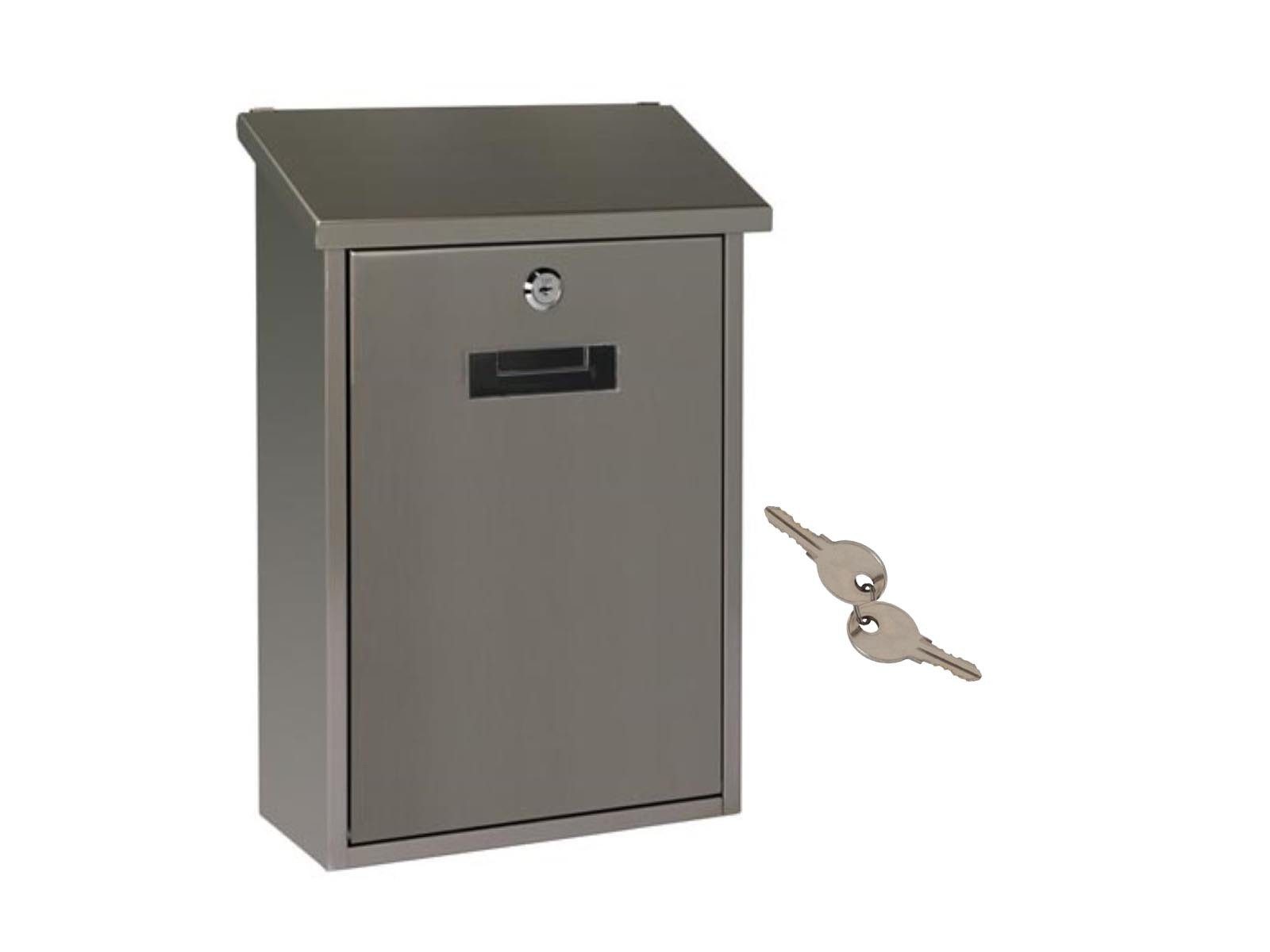 PEREL Briefkasten, in Silber großer Stahl Postkasten mit Namensschild & 2 Schlüsseln