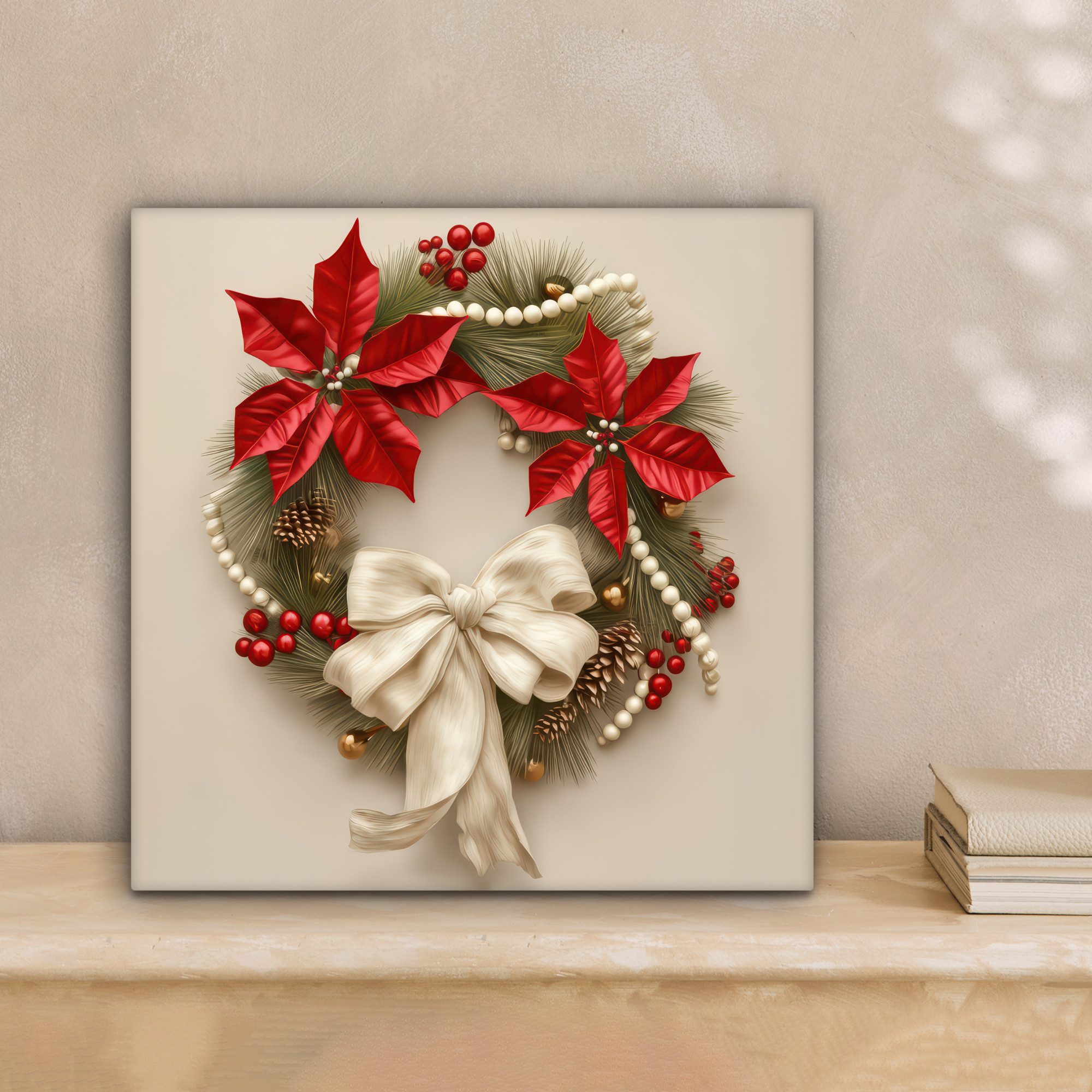 OneMillionCanvasses® Leinwandbild Türkranz - Schleife - Weihnachten - Rot - Grün, Fotodruck (1 St), Wandbild, Deko Schlafzimmer Wohnzimmer Flur 20x20 cm