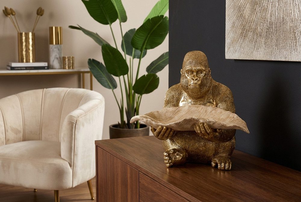 riess-ambiente Tierfigur GORILLA 40cm gold/beige - Schale, Blatt-Design, Ablage, handgefertigt (Einzelartikel, 1 St), Moderne Skulptur - ideal für Sideboard oder Regal als Blickfang