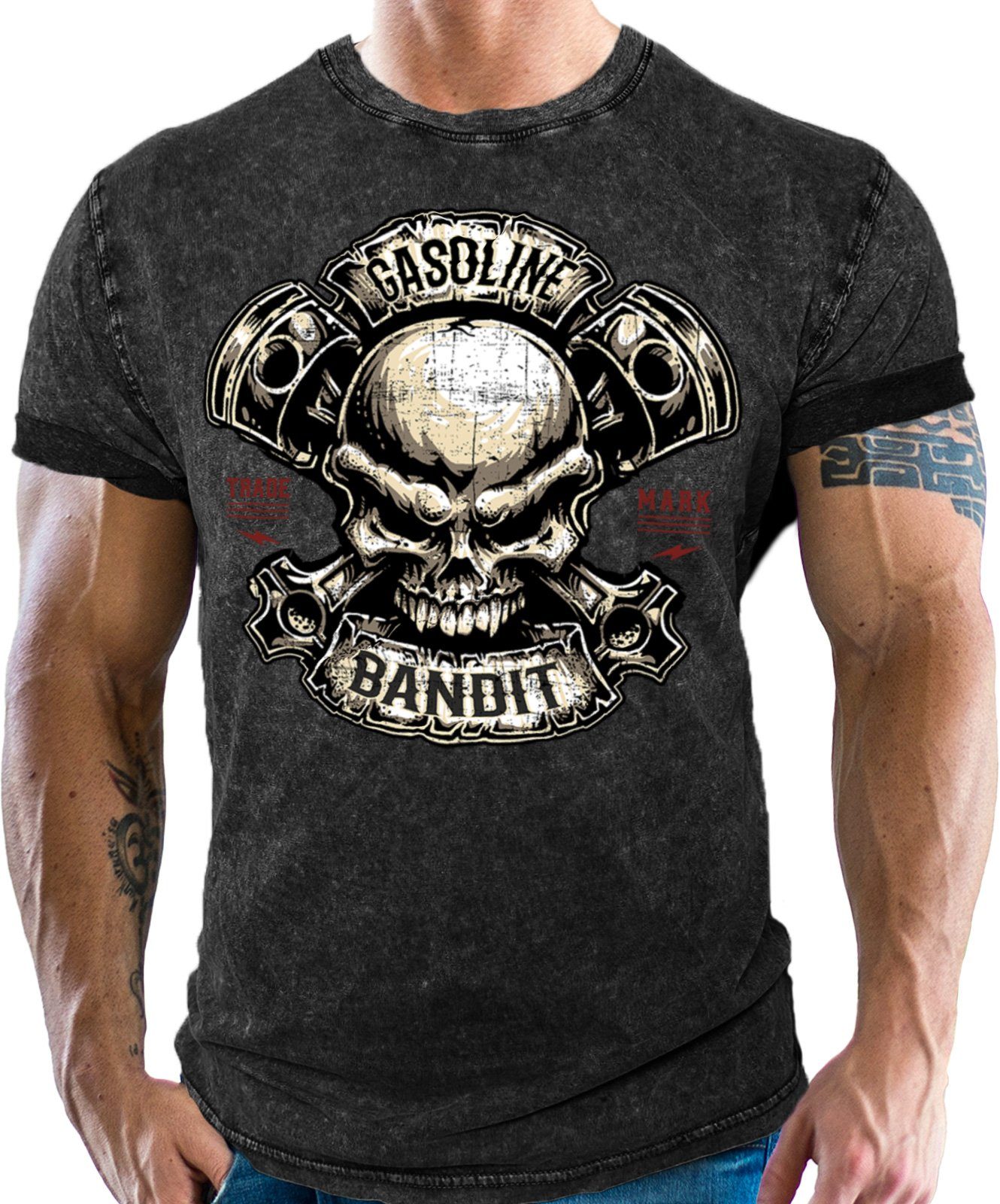 GASOLINE BANDIT® T-Shirt in washed black look für Biker Racer Fans: Piston Skull