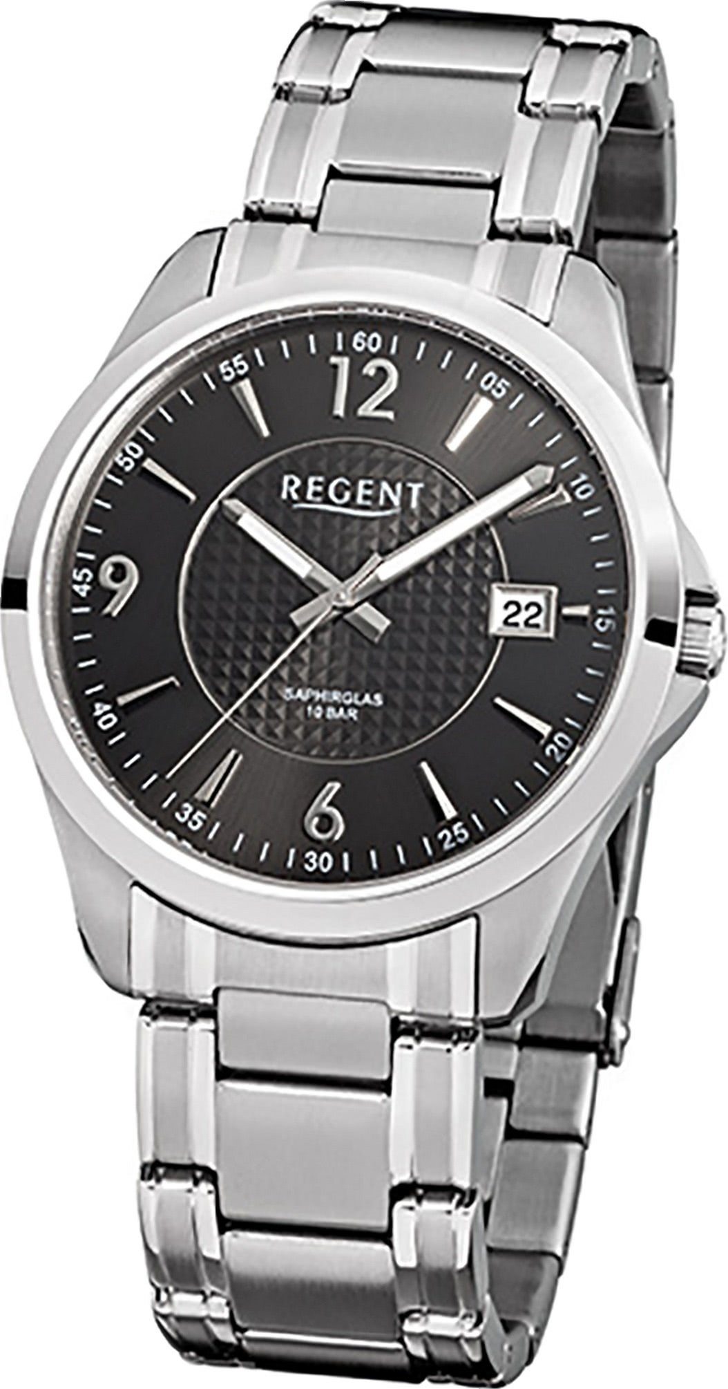 Herrenuhr Quarzuhr, Edelstahlarmband Regent silber, Gehäuse, 40mm) Regent Uhr groß Stahl Quarzuhr (ca. F-527 Herren rundes