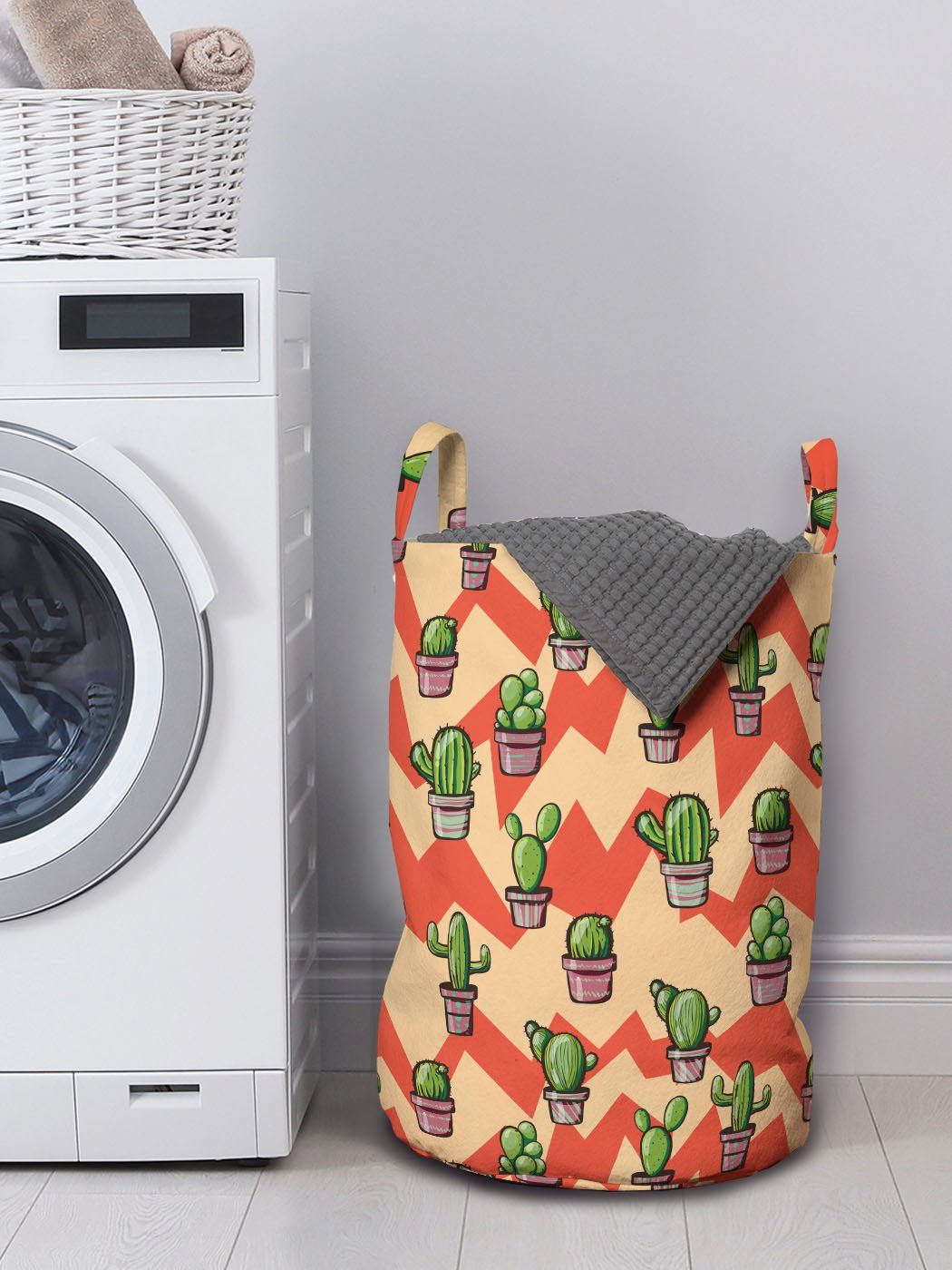 Abakuhaus Wäschesäckchen Wäschekorb mit Kaktus Pflanzen Zick-Zack-Hintergrund Waschsalons, Kordelzugverschluss Griffen für