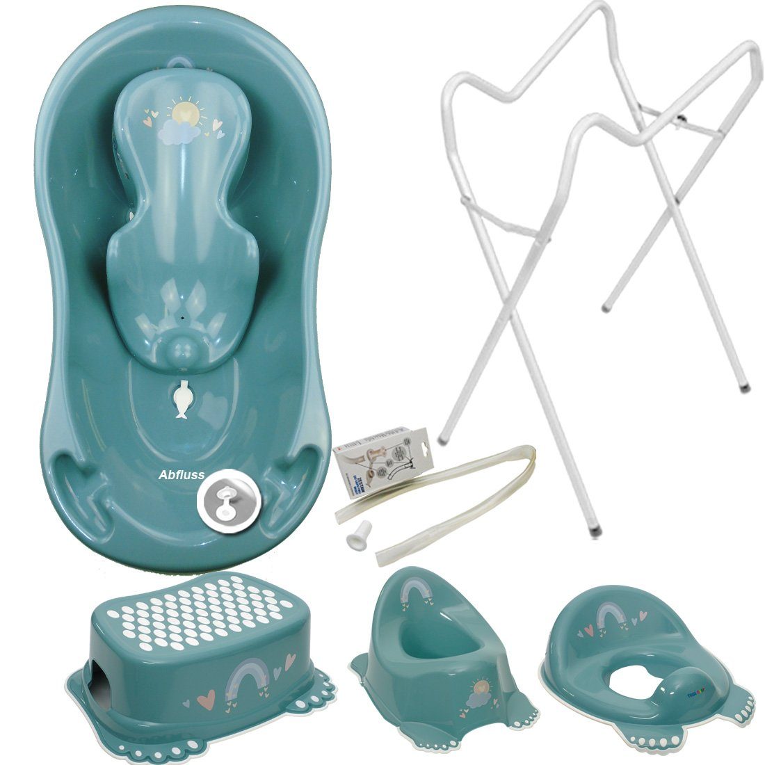 in Europe), Badesitz+Töpfchen+ Ablauf Babybadewanne Ständer (Premium.set Weiß WC SET -Abflussset Hocker+ Tega-Baby METEO AB- Türkis + Teile Set+ Made 6 Babybadeset, Aufsatz+ Wanne+ Ständer