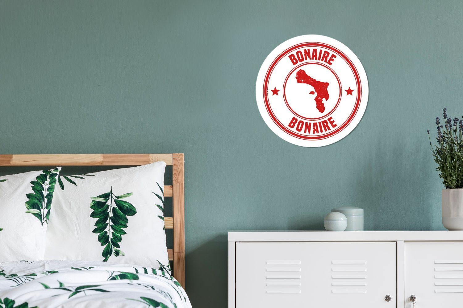 Kinderzimmer, St), MuchoWow roten Bonaire Rund, (1 Wohnzimmer Illustration für Tapetenkreis Briefmarke einer aus Wandsticker Tapetenaufkleber,