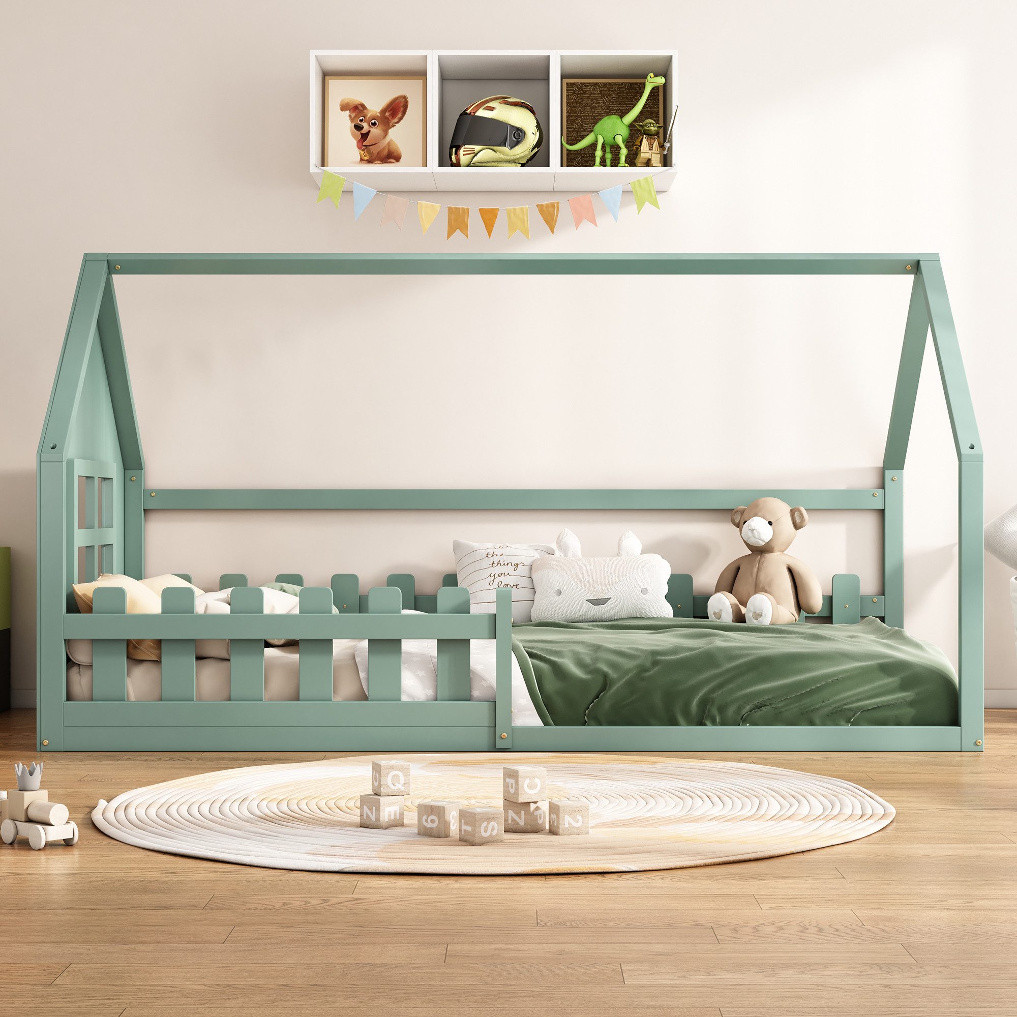 Flieks Massivholzbett, Kinderbett Hausbett Einzelbett 90x200cm mit Lattenrost und Zaun