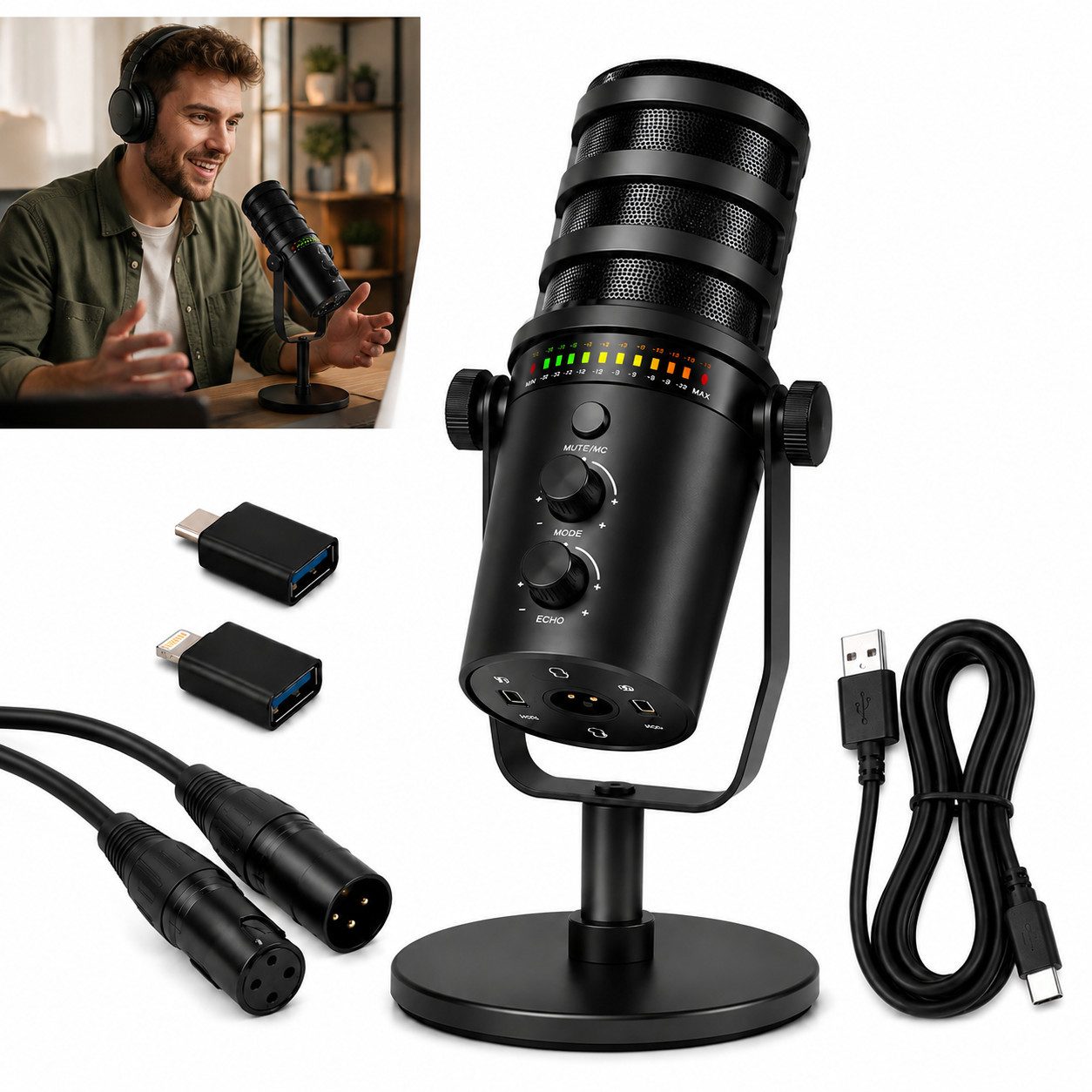 Fyrove Mikrofon für Sprachaufnahme, Voiceover und Content Creation (Dynamisches USB/XLR Set mit Tischständer für PC und Mischpult), 50 Hz–16 kHz, 85 dB SNR, 88 dB Dynamik, -50 dB±3 dB