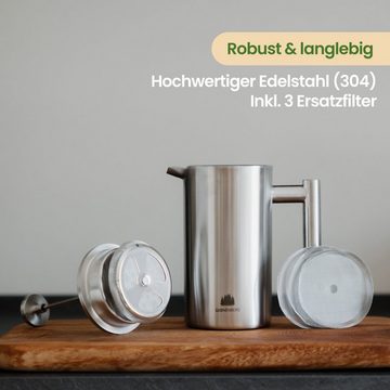 GRØNENBERG French Press Kanne Edelstahl Kaffeebereiter mit Thermo Effekt, 1l Kaffeekanne, Kaffeepresse inkl. 3 Ersatz-Filter