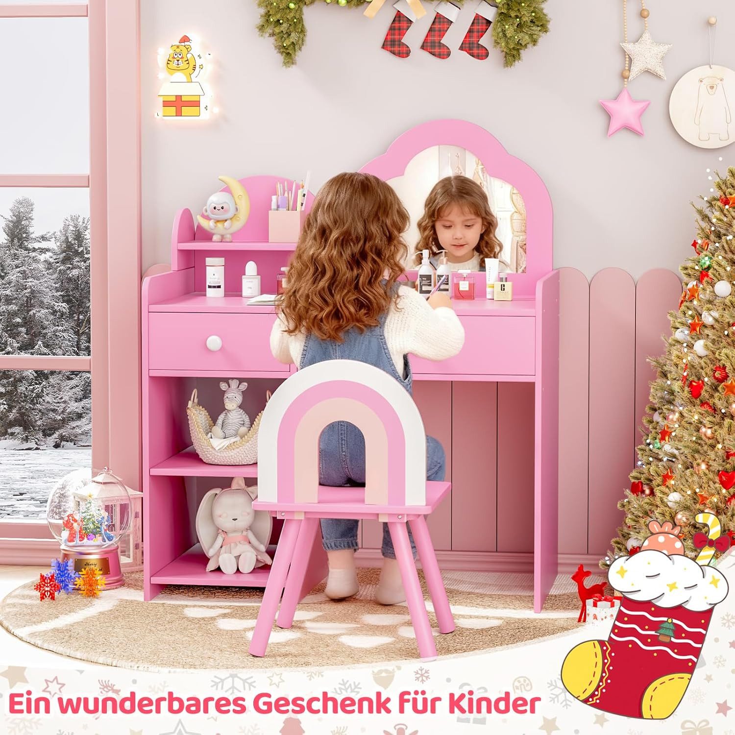 TLGREEN Schminktisch, Kinder Schminktisch mit Spiegel und Stuhl (Mädchen Schreibtisch & Maltisch mit 2 Schubladen, Prinzessin Frisiertisch aus Holz), 73.5x40x90.5cm, Sicher & Stabil