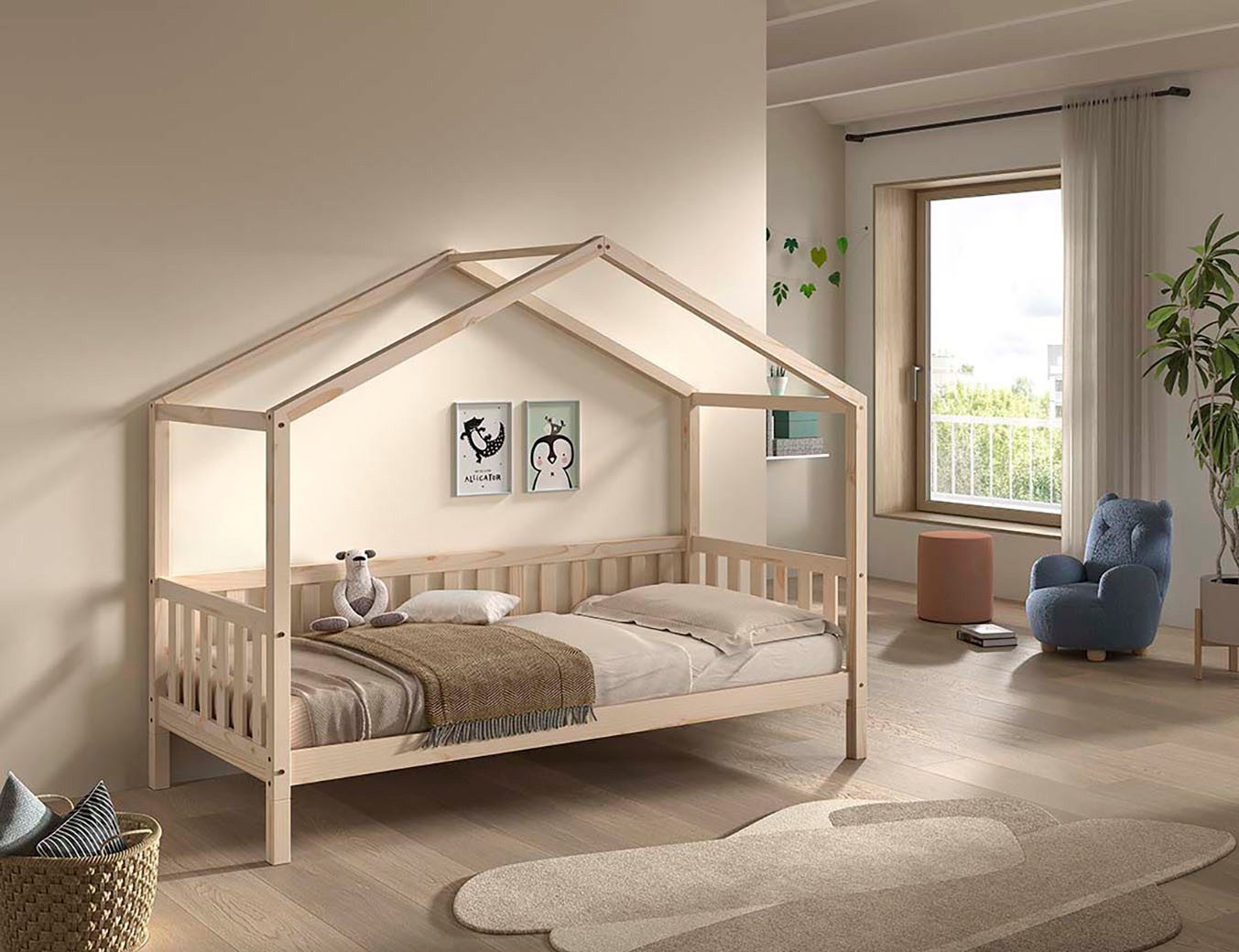 Vipack Hausbett Dallas, Massivholzbett mit Dachaufbau umbaubar vom Boden- zum Daybett (inkl. Rolllattenrost und Sprossenumrandung, 90 oder 140x200 cm breit), stabil und standfest gebaut, wahlweise Kiefer massiv natur oder weiß