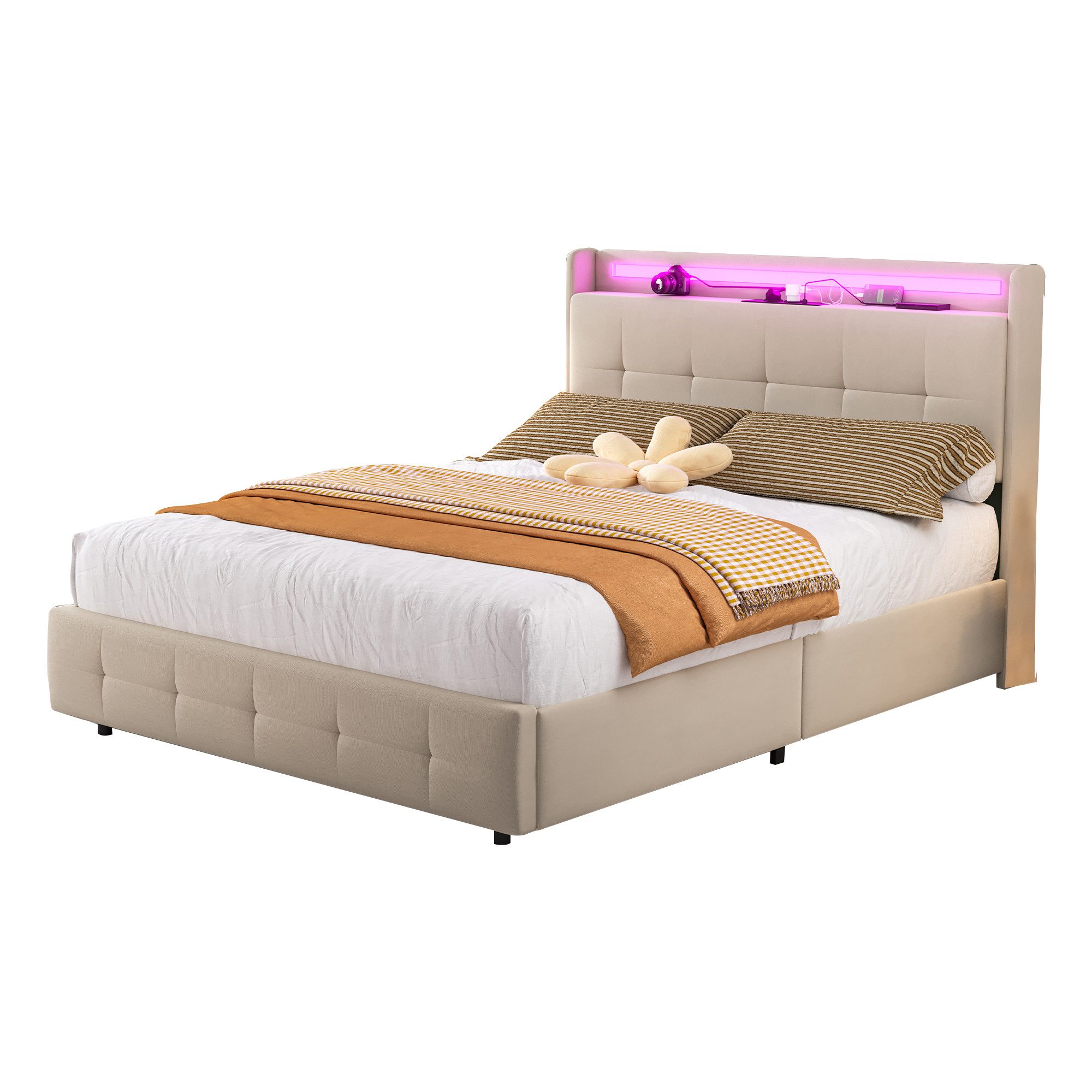 Polsterbett Doppelbett Ausziehbett mit USB-Ladekopfteil, LED, 2 Schubladen