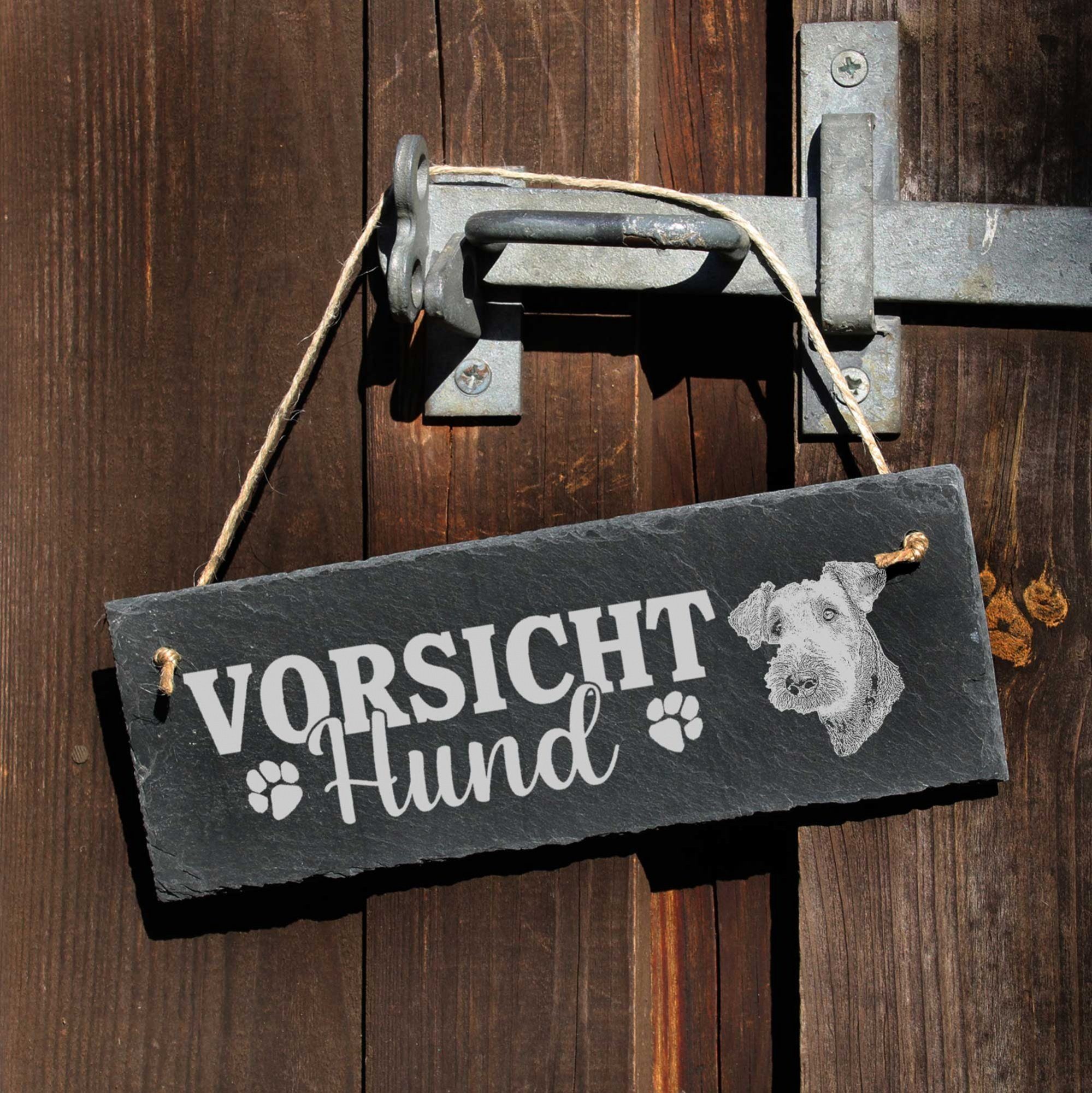 Schild Hängedekoration Vorsicht Terrier Dekolando Airedale Hund 22x8cm