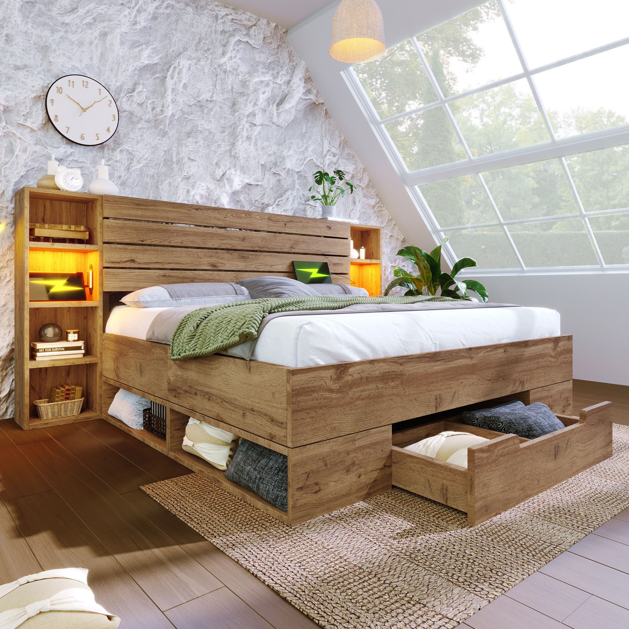 Flieks Holzbett, LED Doppelbett 180×200cm mit Aufladen, Stauraumfächer und günstig online kaufen