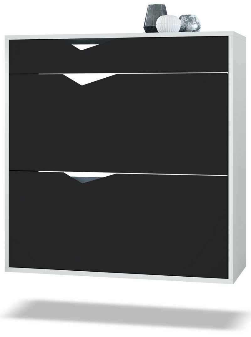 Vladon Schuhschrank Kolmio (Schuhkipper, für 16 Paar Schuhe mit 2 Klappen und Schublade) Weiß matt/Schwarz matt (85 x 87 x 33 cm)