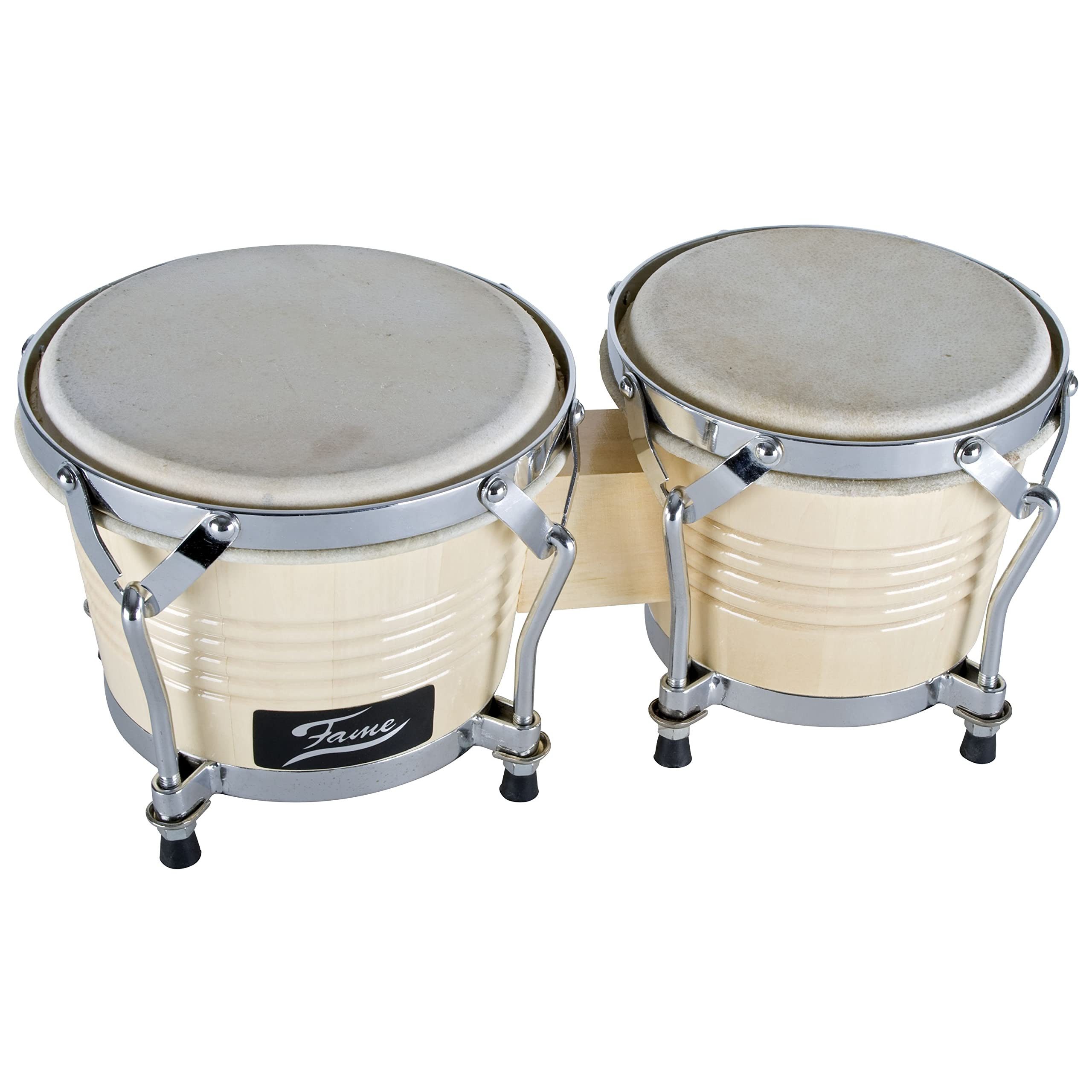 FAME Bongo,Bongo Beginner Set 6"+7" Naturfarbe Holz Chrom Hardware Stimmbar Nappa Fellmaterial Traditionelle Spannringe Rutschfeste Standfüße Ideal für Einsteiger und Schulen", Percussion, Bongos, Bongo Set, Einsteiger Bongo, Naturfarbene Bongos