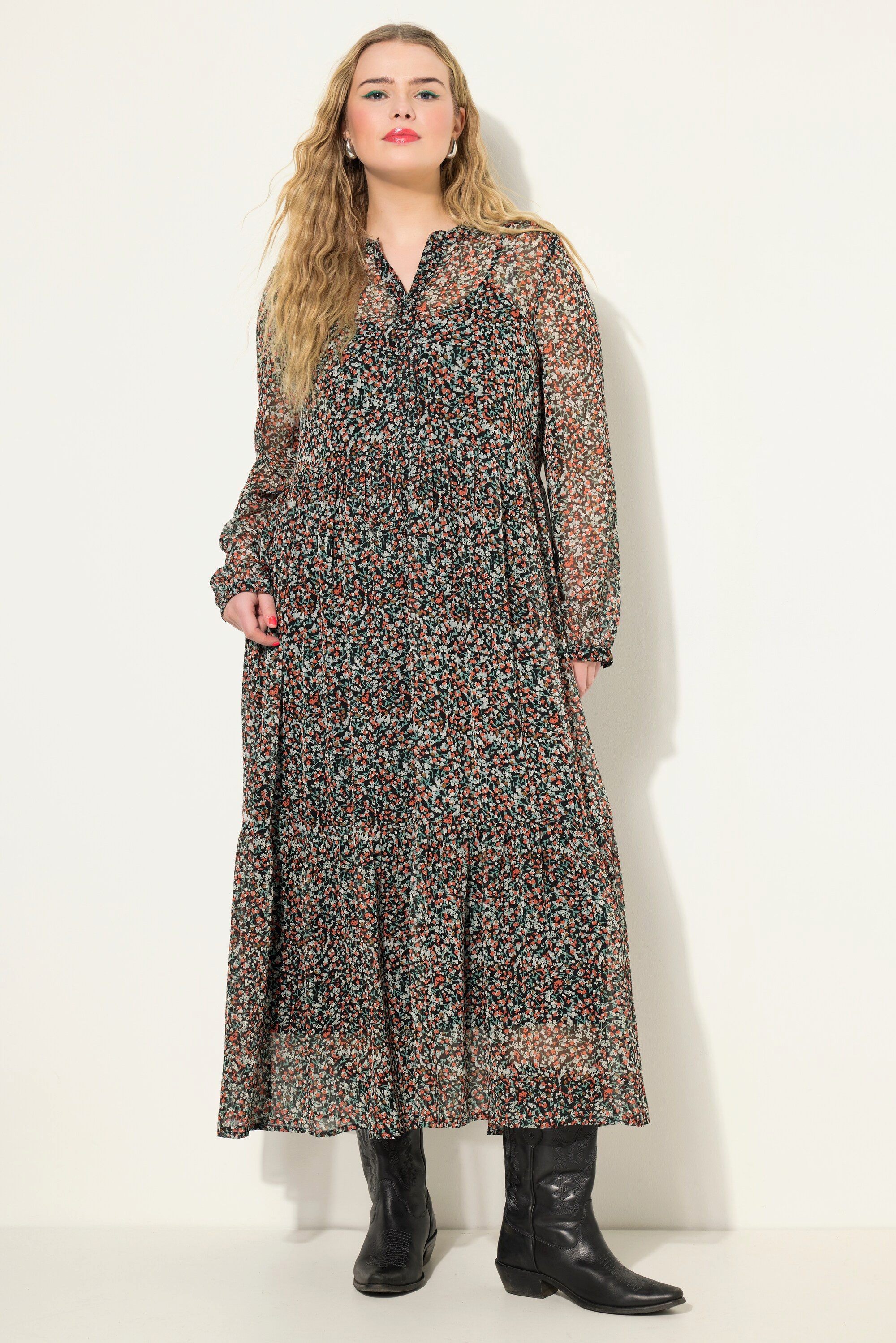 Midikleid Maxikleid A-Line doppellagig Flower Print