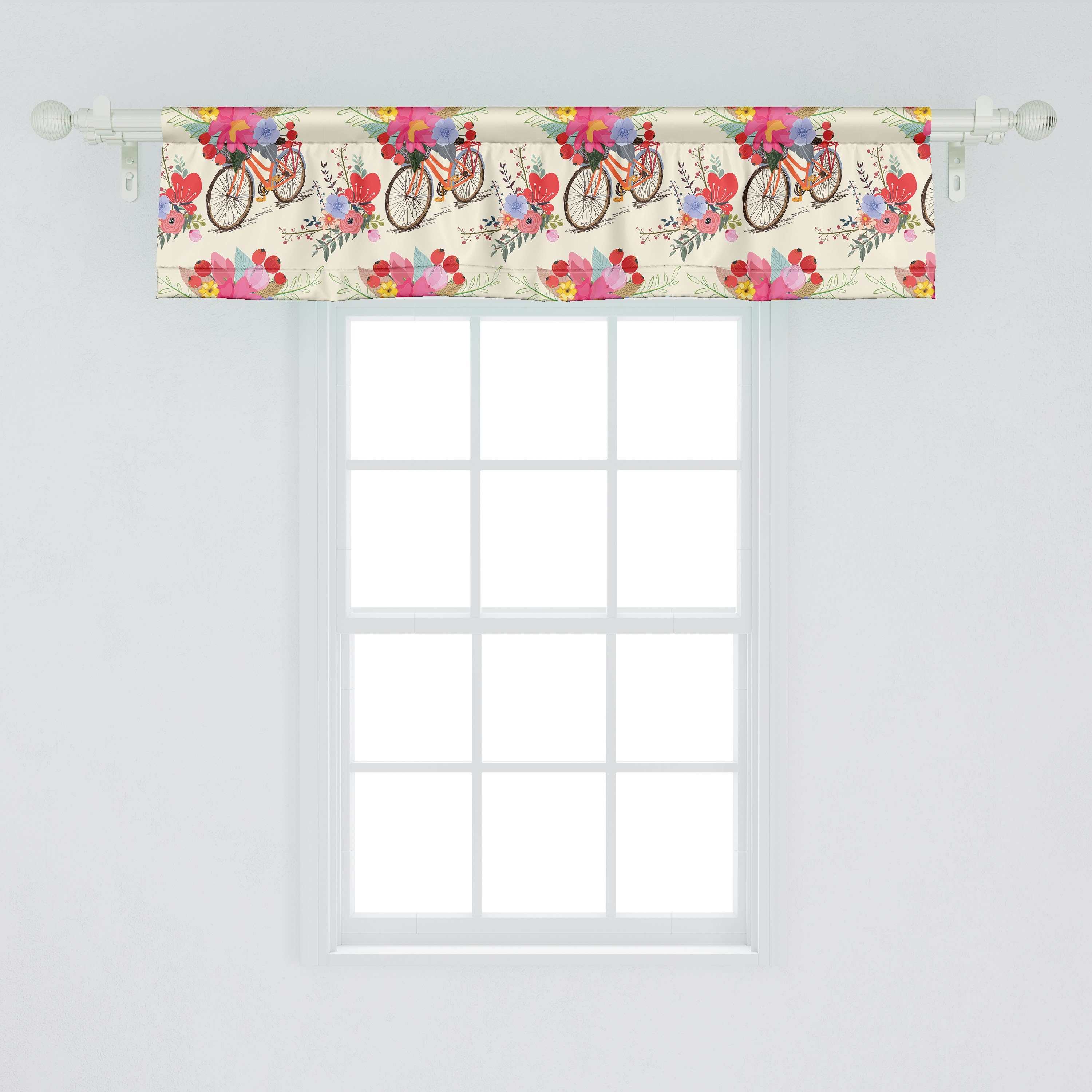 Scheibengardine Vorhang Volant für Abakuhaus, Blumen mit Küche Dekor Microfaser, Frühling Stangentasche, Fahrrad-Muster Schlafzimmer und
