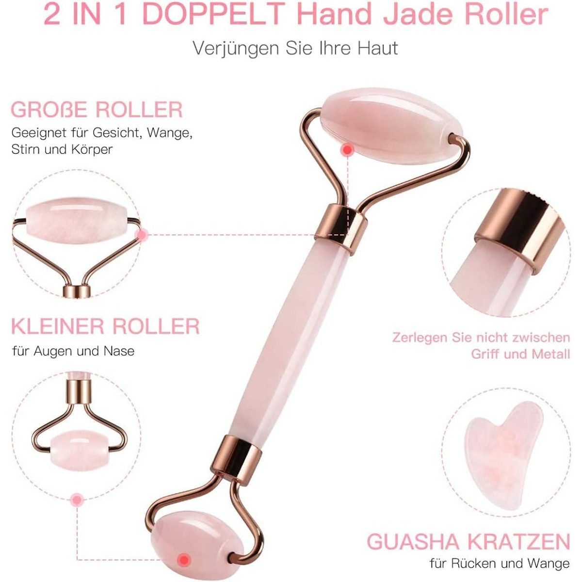 cofi1453 Massageroller Roller & Gua Sha Set aus Rosenquarz – gegen Schwellungen & Falten, Beauty-Set, 3-teiliges Massage-Set, Kühlender Naturstein, Unterstützt  – Bild 3 von 5
