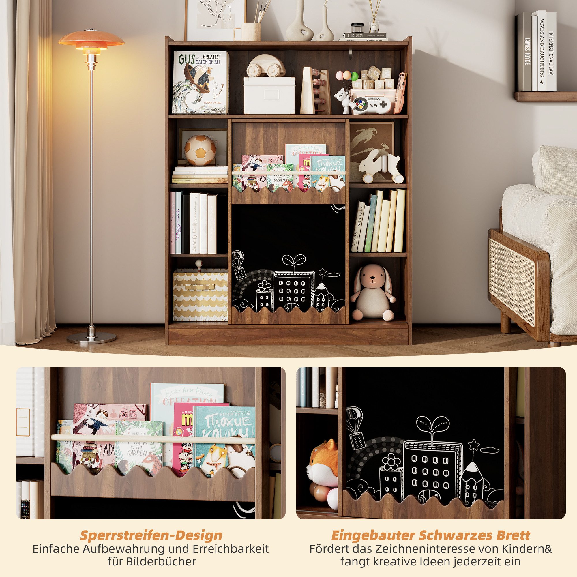 Celya Bücherregal Bücherregal mit Tafel, Schiebetüren & Bilderbuchablage, 120x38.5x151.5 cm, Offenes 9-Fach Regal mit großem Stauraum, Nussbaumfarben