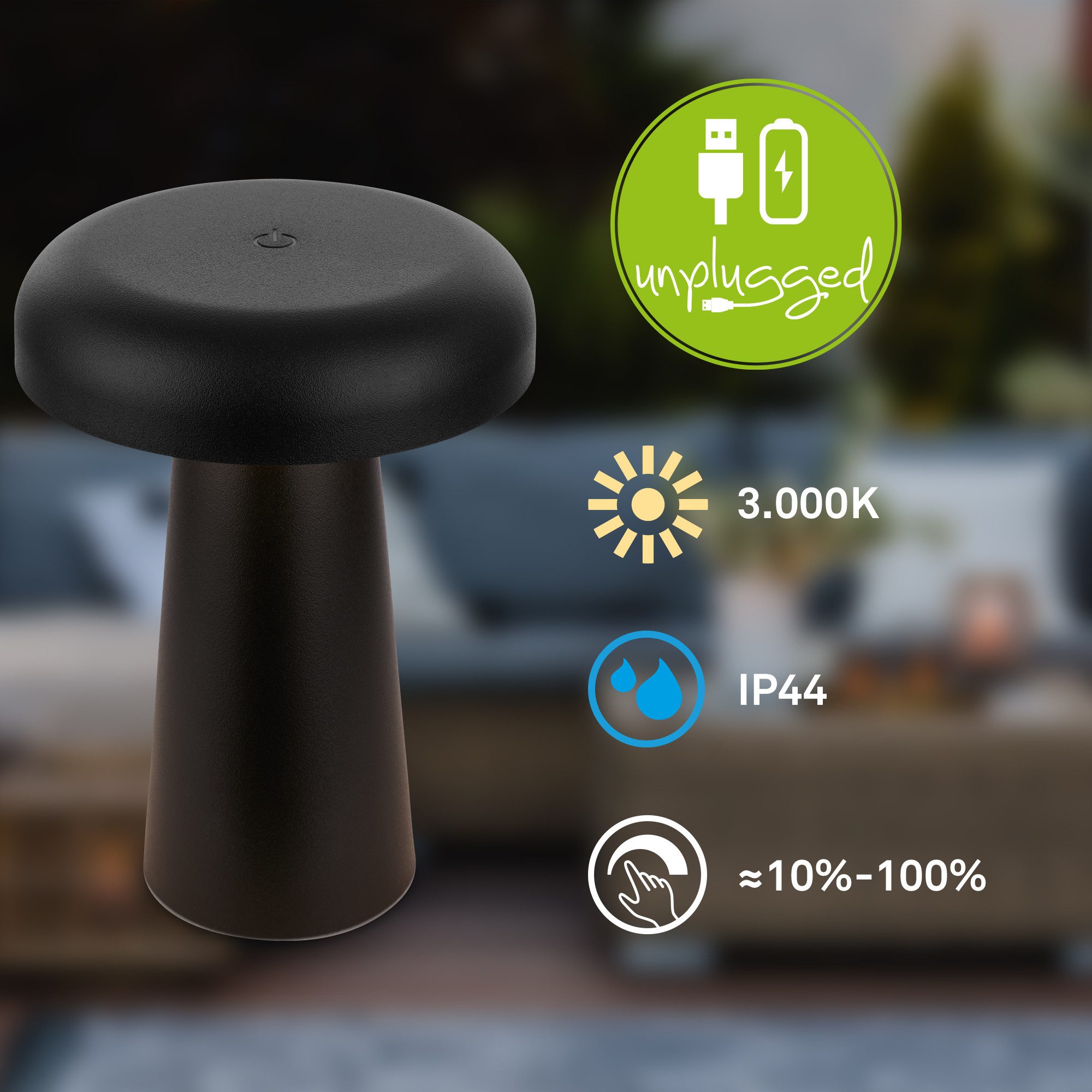 Briloner Leuchten LED Tischleuchte Tischlampe kabellos Akku USB-C Touch dimmbar Steinoptik Grau Schwarz, LED wechselbar, 3000K, 12x17 cm, Akku tauschbar, Indoor/Outdoor, Wohnzimmer, Flur, Balkon