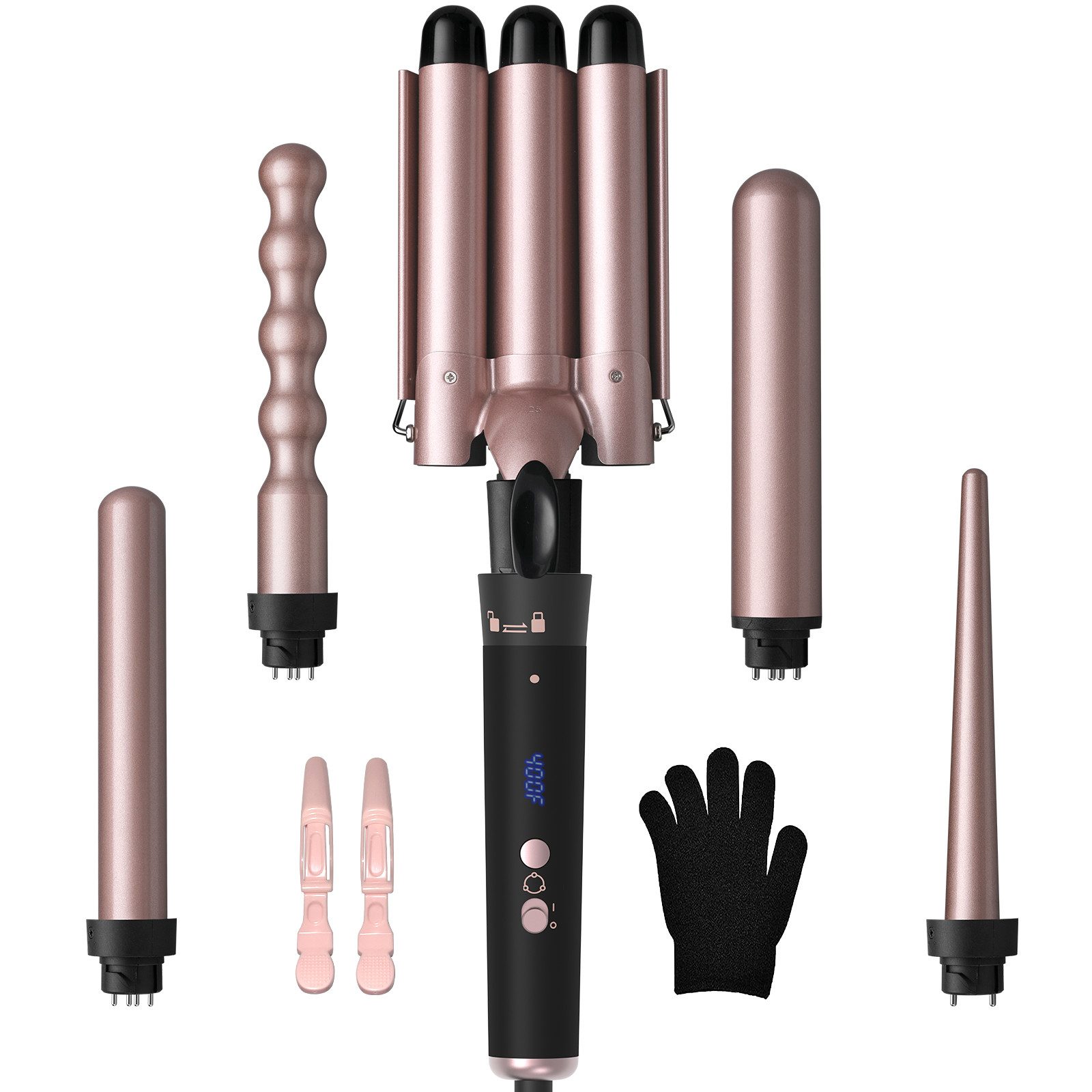 AIMAX Lockenstab Lockenstab Set 5 in 1 mit 3 Fässer Welleneisen Lockenwickler, Turmalin-Keramik, mit Wechselkopf