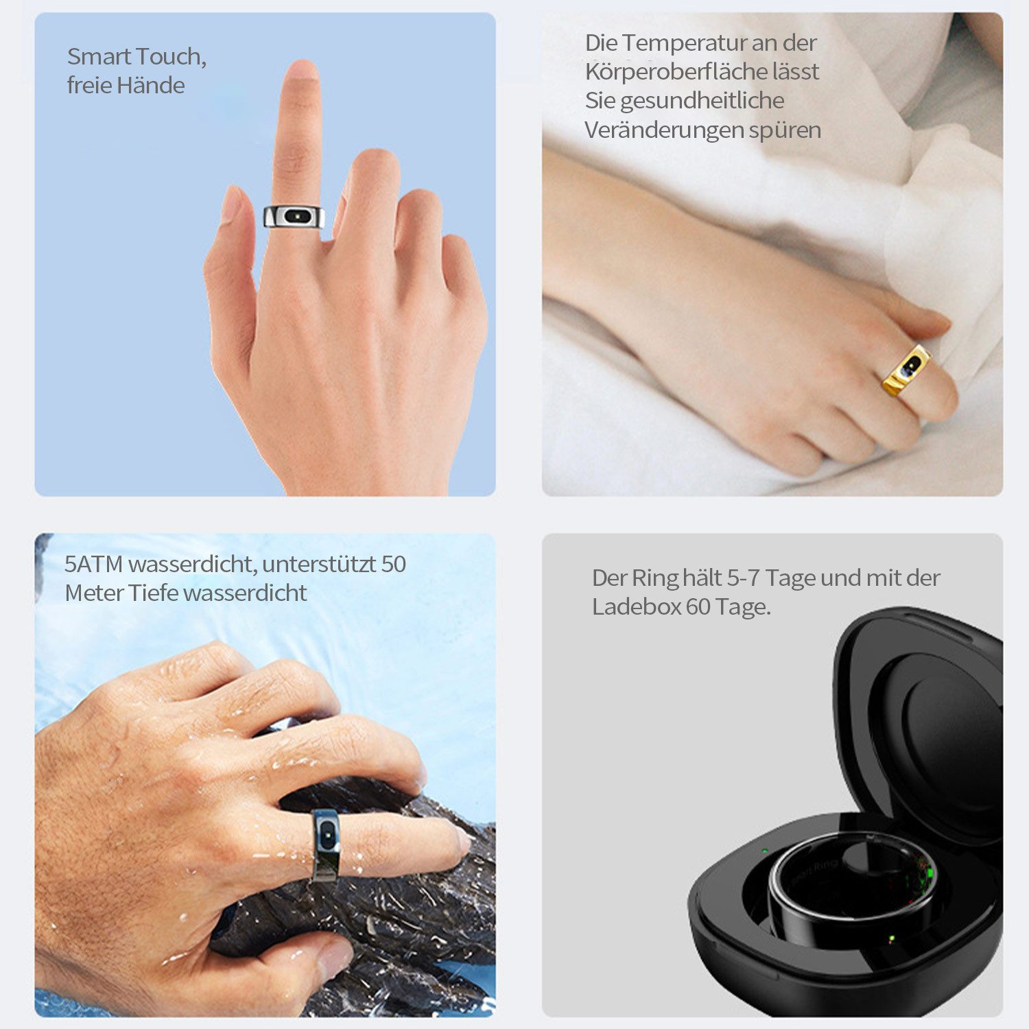 Refttenw Smart Ring Herren Damen Smartring Fitness Tracker Schlafmonitor, Mit Ladefach, 5ATM Wasserdichter Gesundheitsring
