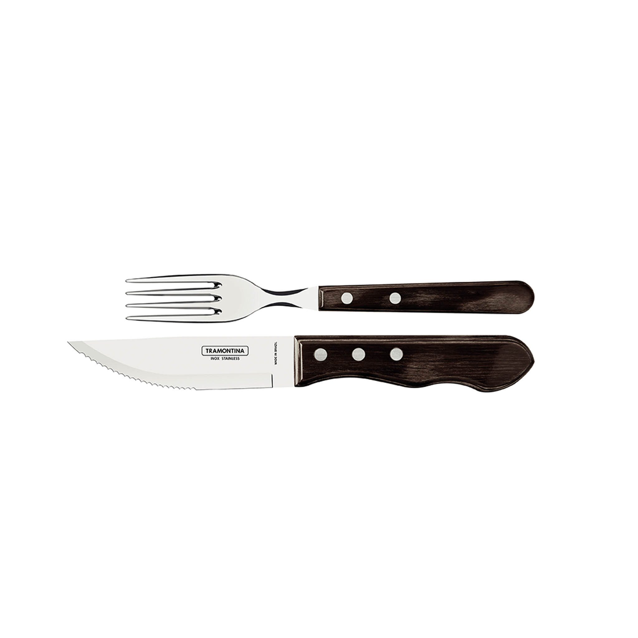 Tramontina Столовые приборы для стейков JUMBO Steakmesser und Steakgabel - mit Holzgriff (2-tlg), 1 Personen, Edelstahl, Echtholzgriff, rostfreier Edelstahl, spülmaschinenfest