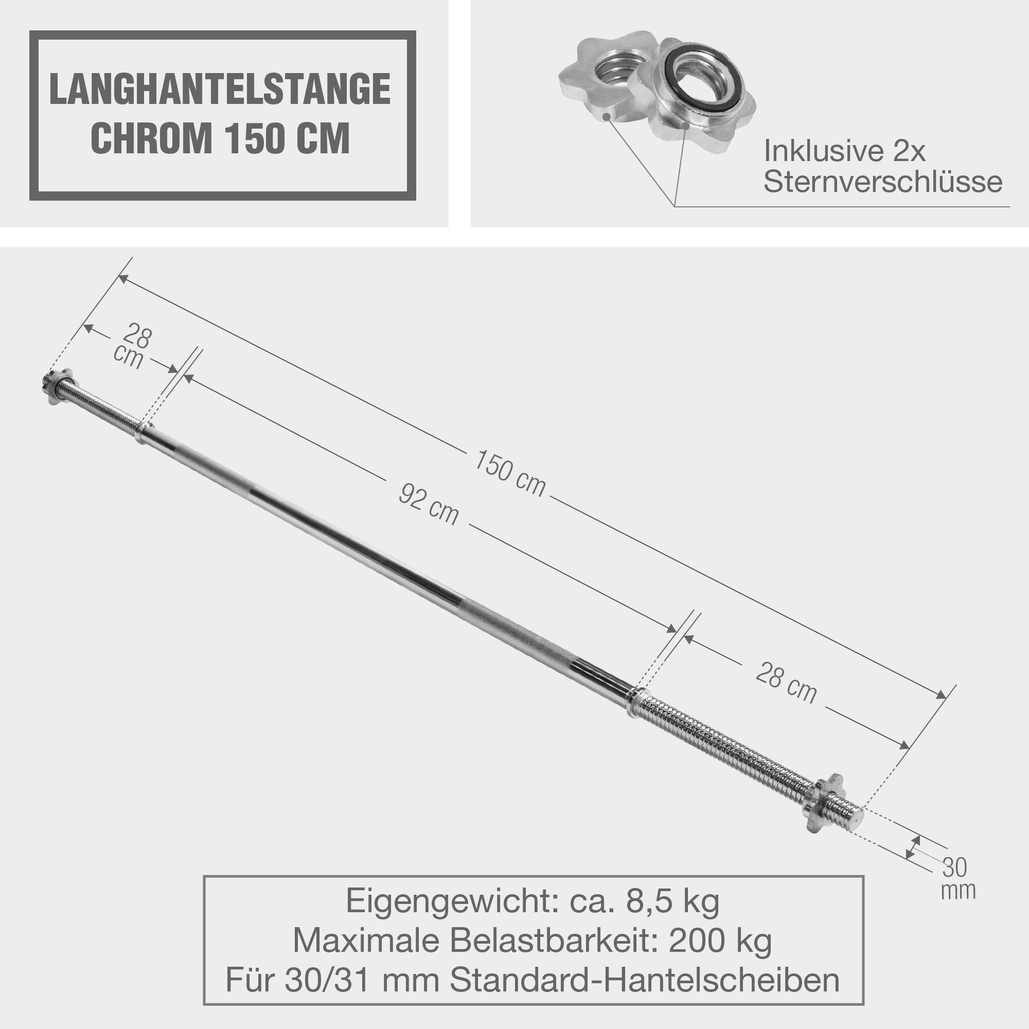 GORILLA SPORTS Kurzhantelstange Langhantelstange Chrom 150 cm mit Sternverschluss, 150 cm (3-tlg)