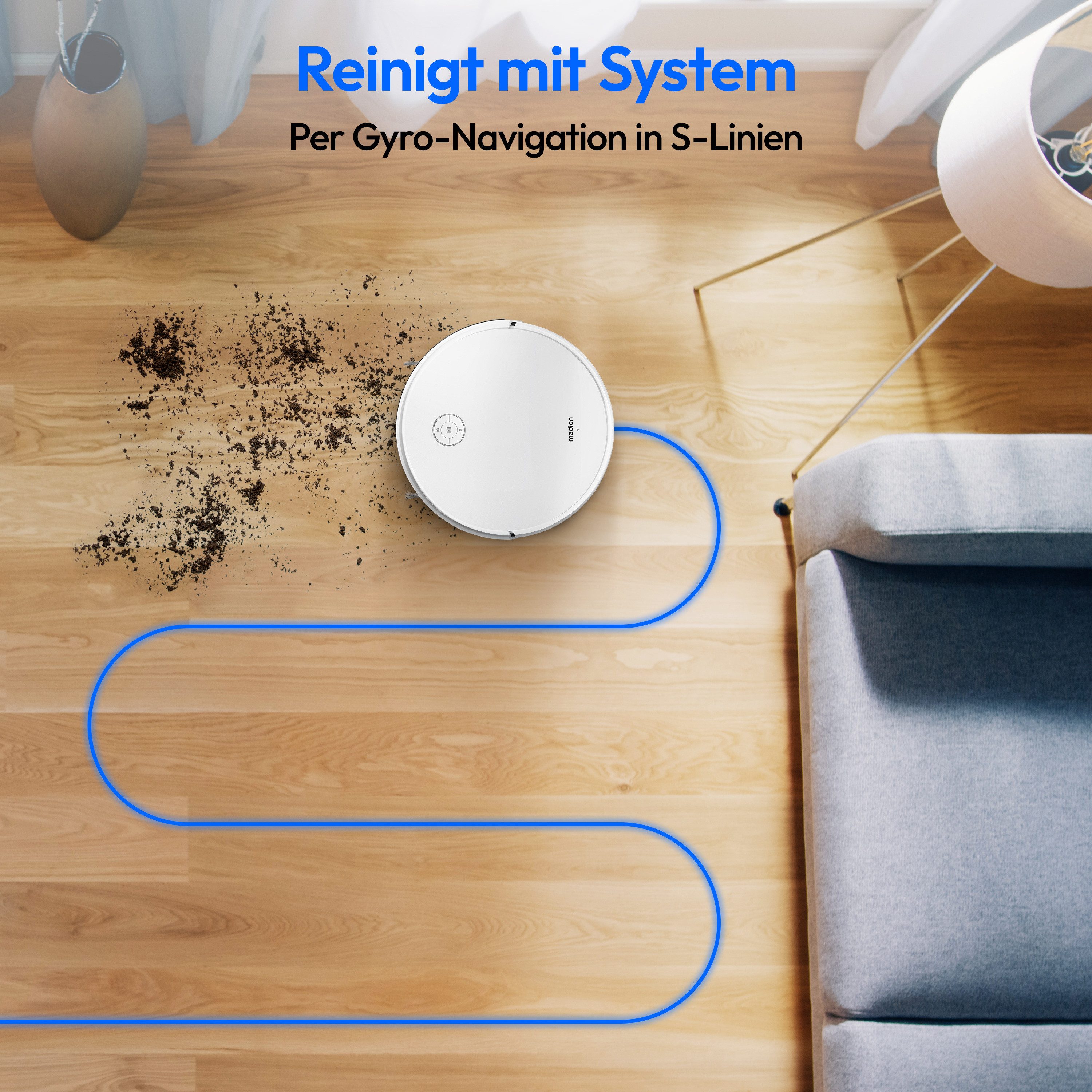 Medion® Saugroboter S35 (MD 11899) mit Wischfunktion intelligente S-Linien Navigation, App-Steuerung, Teppicherkennung, 120 min Laufzeit, Ladestation