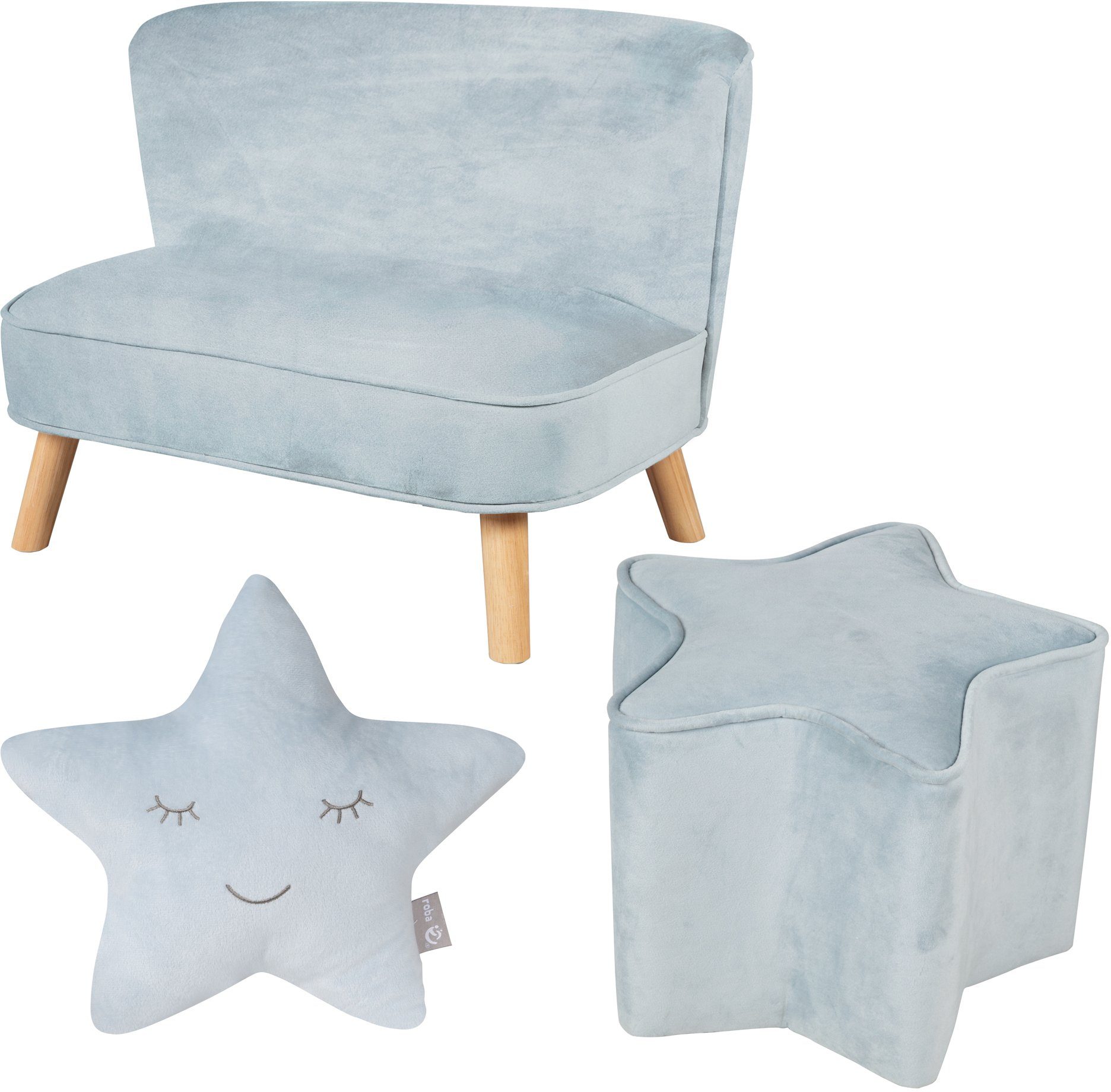 roba® Kindersitzgruppe Lil Sofa, (Set, 3-tlg), bestehend aus Kindersofa, Kinderhocker und Dekokissen in Sternform hellblau-sky | Kindersitzgruppen