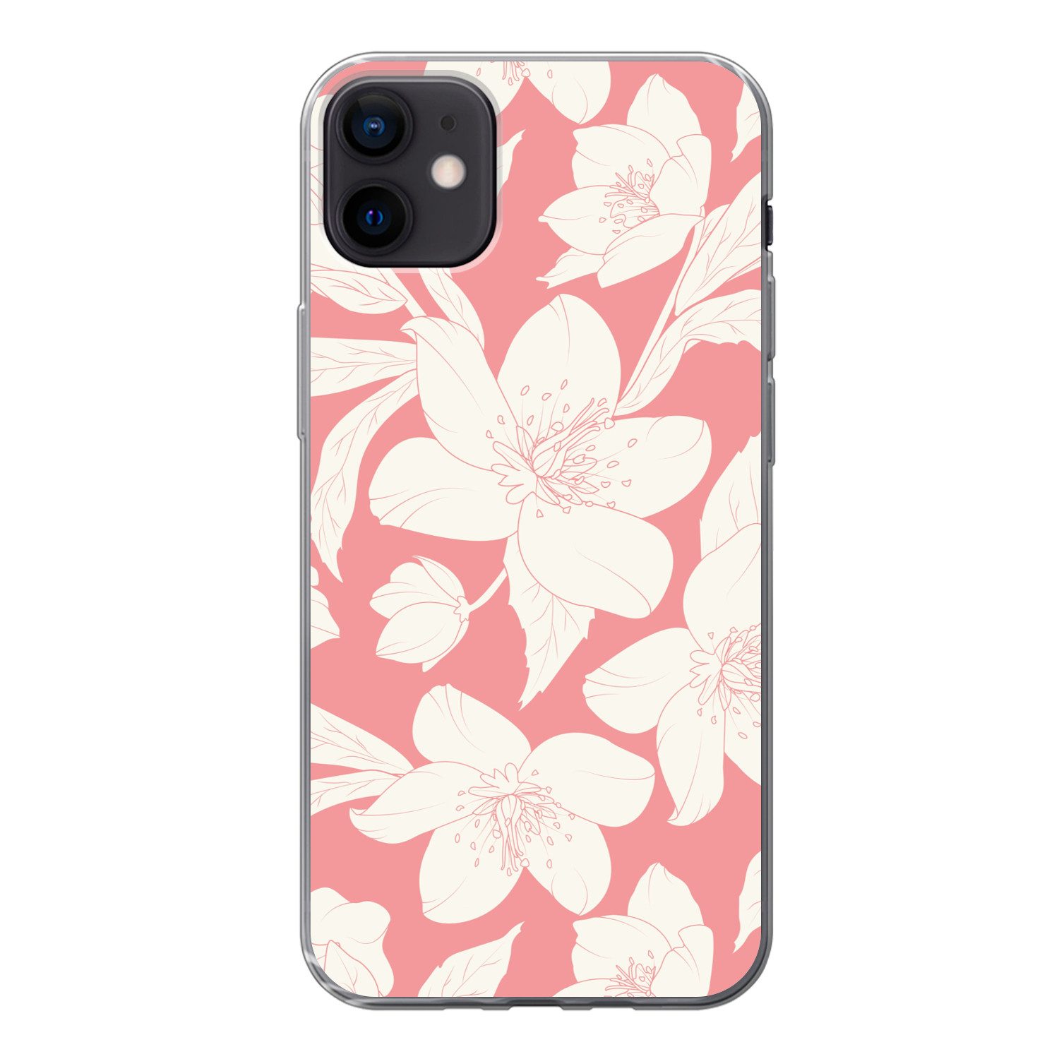 MuchoWow Handyhülle für Apple iPhone 12 mini Blumen - Muster - Rosa - Weiß, Smartphone-Bumper, Print, Handy Schutzhülle Dünn