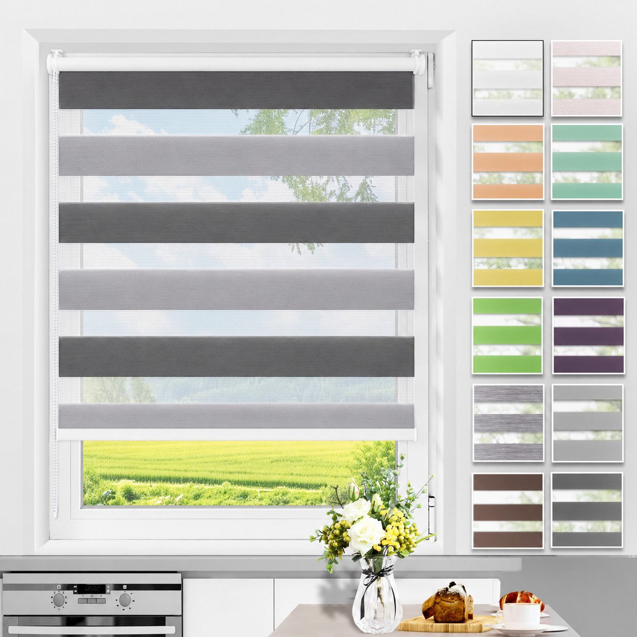 Doppelrollo ohne Bohren 130cm/150cm/230cm, OUBO, freihängend, verspannt, Klemmfix, Klemmträger, Für Fenster und Tür mit Klemmträger lichtdurchlässig verdunkelnd