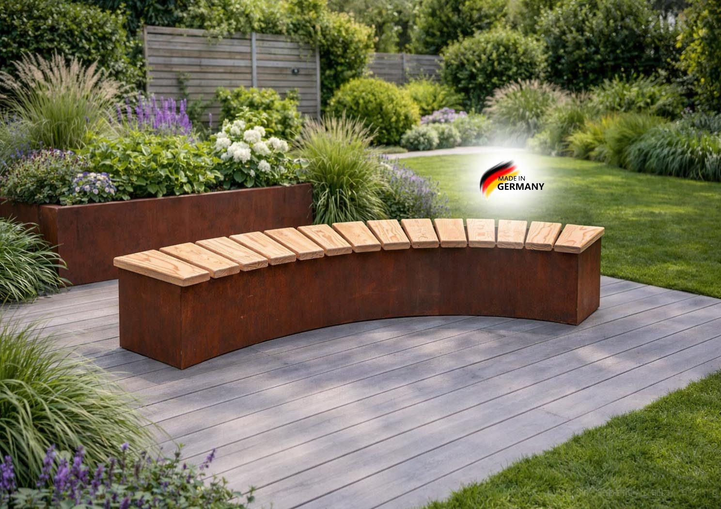 BADEKO Feuerstelle inkl. Grill aus Edelrost und Sitzbänken aus Lärchenholz, (5-St), Sitzflächen aus unbehandeltem Lärchenholz, Gerostetes Stahlblech