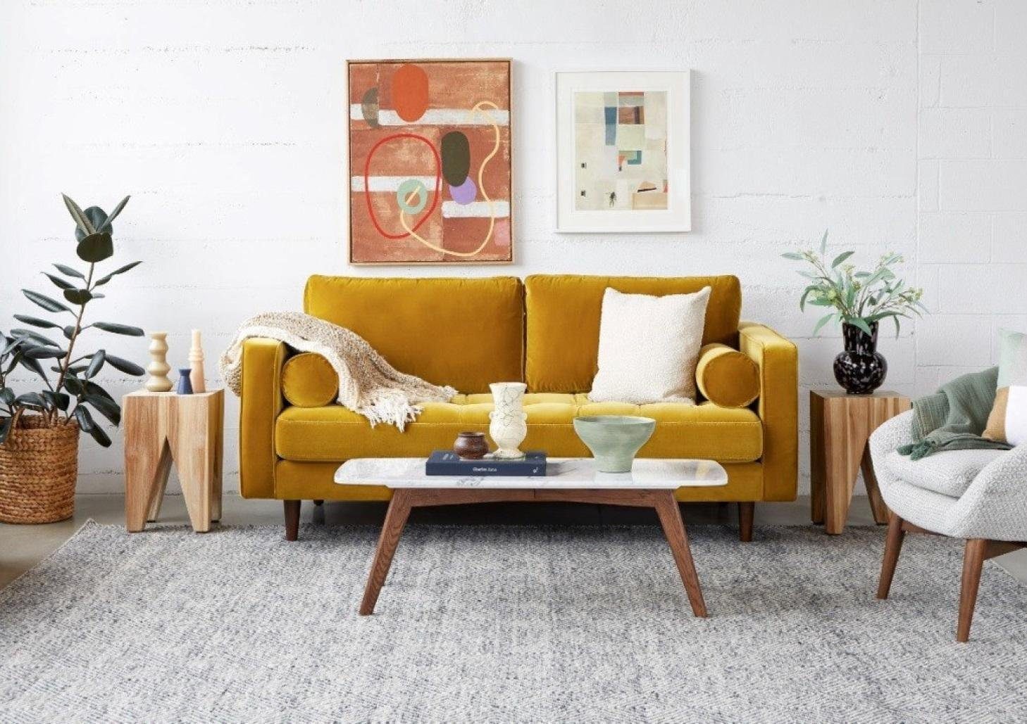 JVmoebel 2-Sitzer Couch Sofa Gelb Polster 2-Sitzer Stoff Stil Textil Landhaus Design