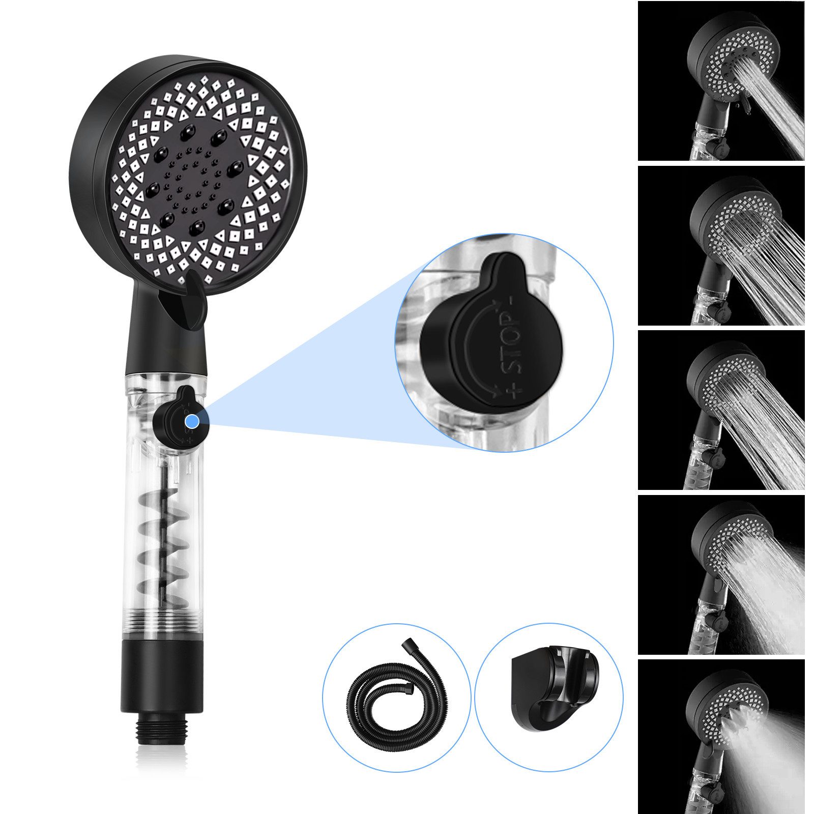 Handbrause mit 1,5 m Schlauch Schwarz/Weiß Runde Shower wassersparend Badezimmer