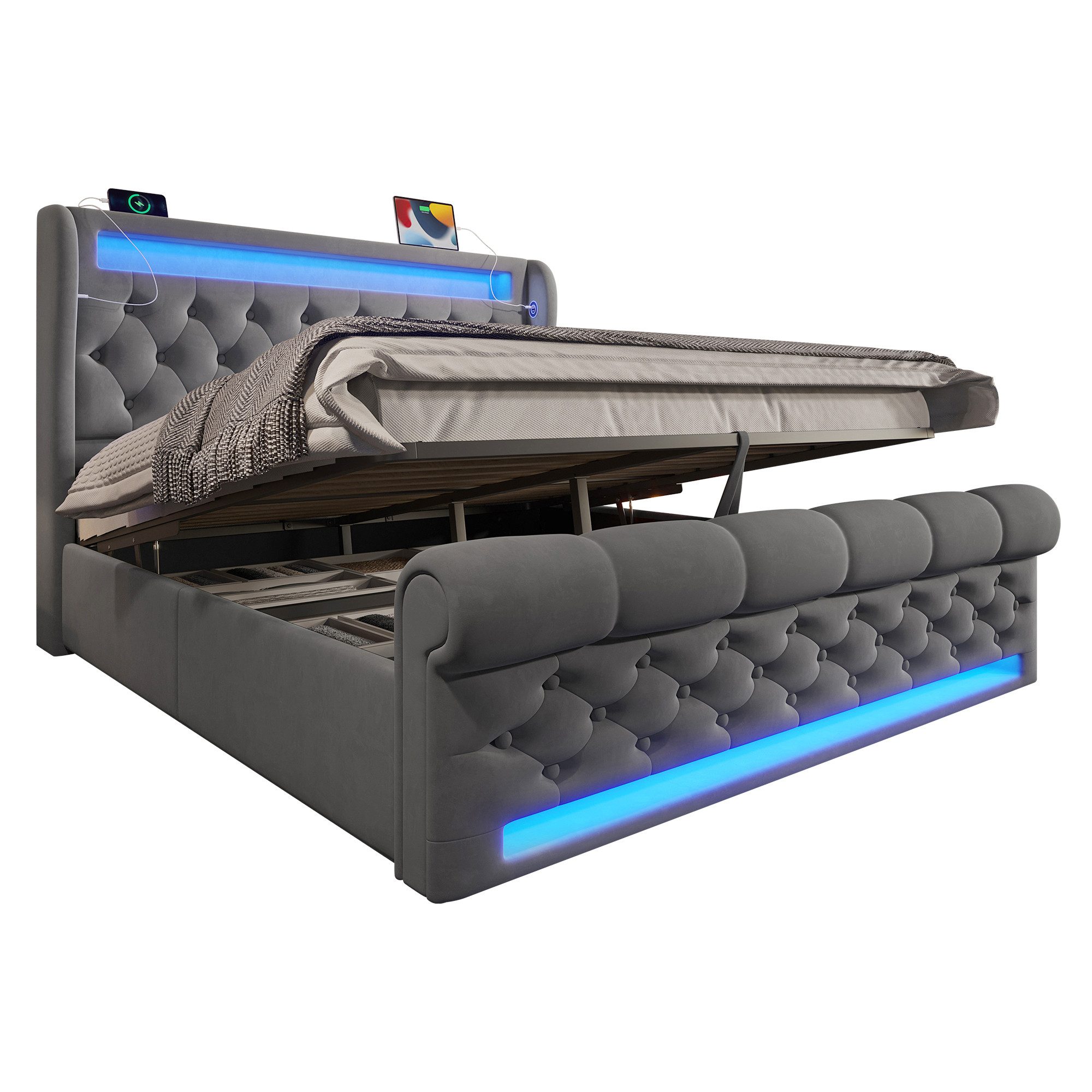 MODFU Polsterbett Hydraulisches Samt-Bett, rautenförmige Knopfknoten (Funkt günstig online kaufen