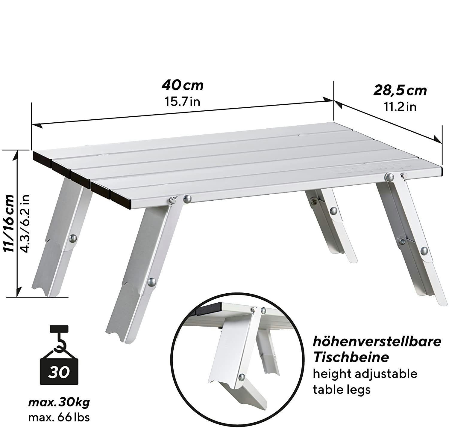 UQUIP Campingtisch Faltbarer Aluminium Tisch Handy - Verstellbar in 2 Höhen  (11/16cm), auch als Kindertisch geeignet, inkl. Packtasche