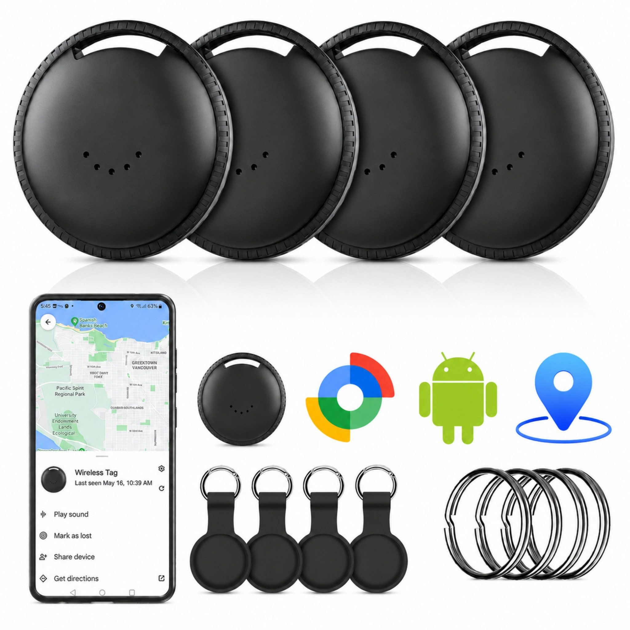 Blossom Android Smart Tag 4er Pack mit Google Find Hub Key Finder, GPS Tracker Bluetooth-Tracker (Weltweit Wasserdicht Bluetooth Key Finder, Tasche/Koffer/Brieftasche)