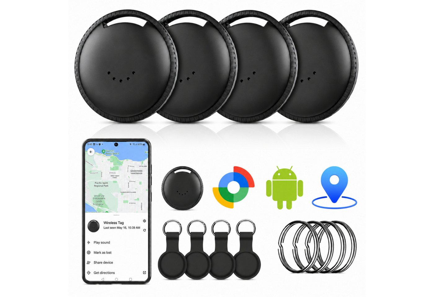 Blossom Android Smart Tag 4er Pack mit Google Find Hub Key Finder, GPS Tracker Bluetooth-Tracker (Weltweit Wasserdicht Bluetooth Key Finder, Tasche/Koffer/Brieftasche)