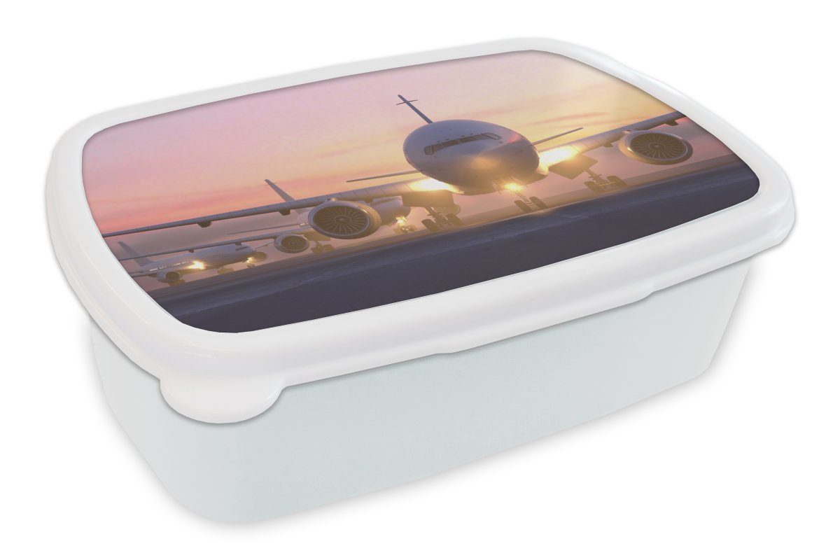 MuchoWow Lunchbox Schöne Sonnenstrahlen entlang des Flugzeugs, Kunststoff, (2-tlg), Brotbox für Kinder und Erwachsene, Brotdose, für Jungs und Mädchen weiß