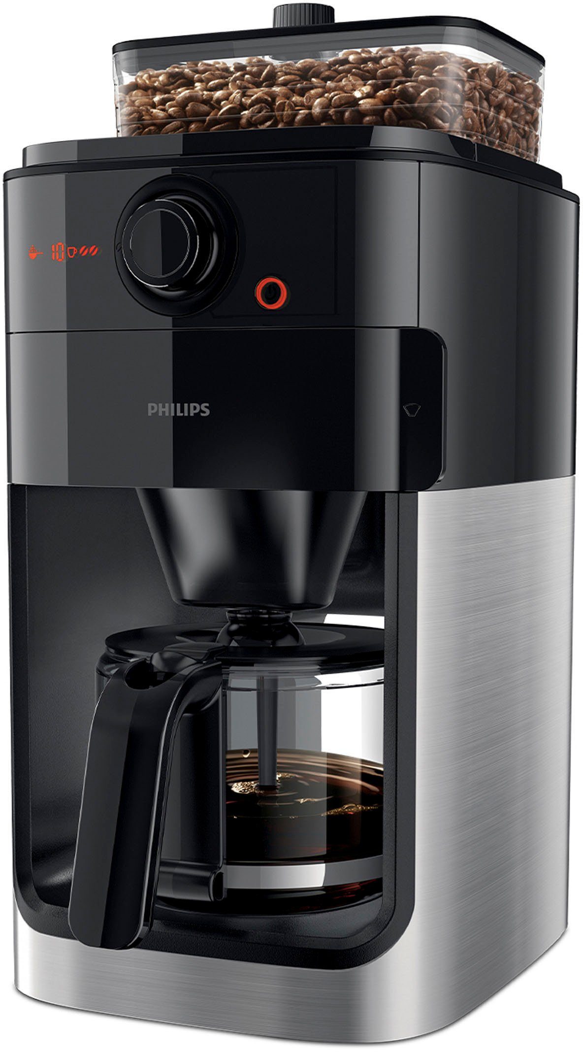 Philips Kaffeemaschine mit aromaversiegeltes Tassen Kaffee zu Mahlwerk Brew 30.000 Bohnenfach, 1,2l & HD7767/00, regelbares für Langlebiges, Kaffeekanne, Grind Kegelmahlwerk bis edelstahl/schwarz