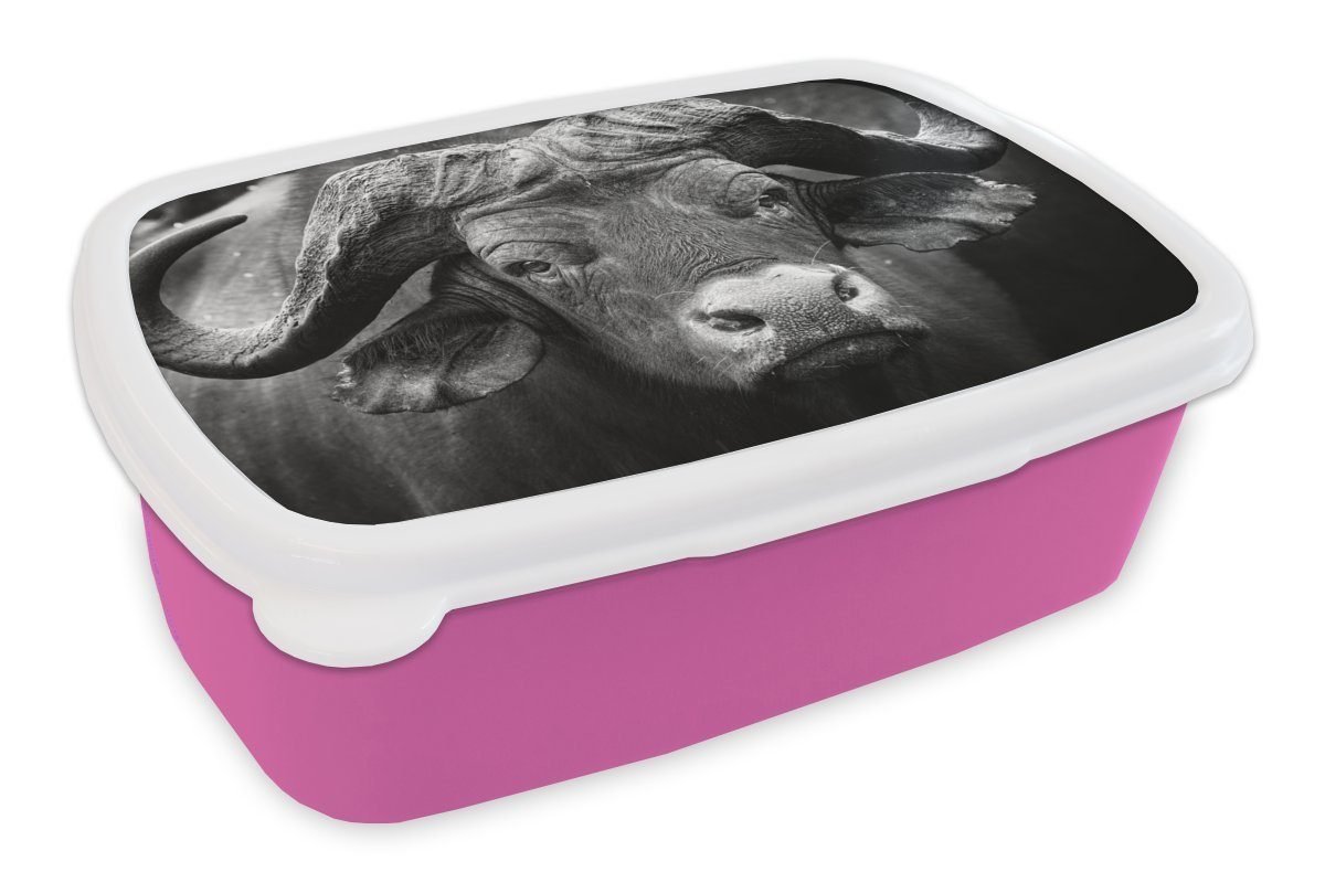 MuchoWow Lunchbox Tierprofil Kaffernbüffel in Schwarz und Weiß, Kunststoff, (2-tlg), Brotbox für Erwachsene, Brotdose Kinder, Snackbox, Mädchen, Kunststoff rosa | Lunchboxen