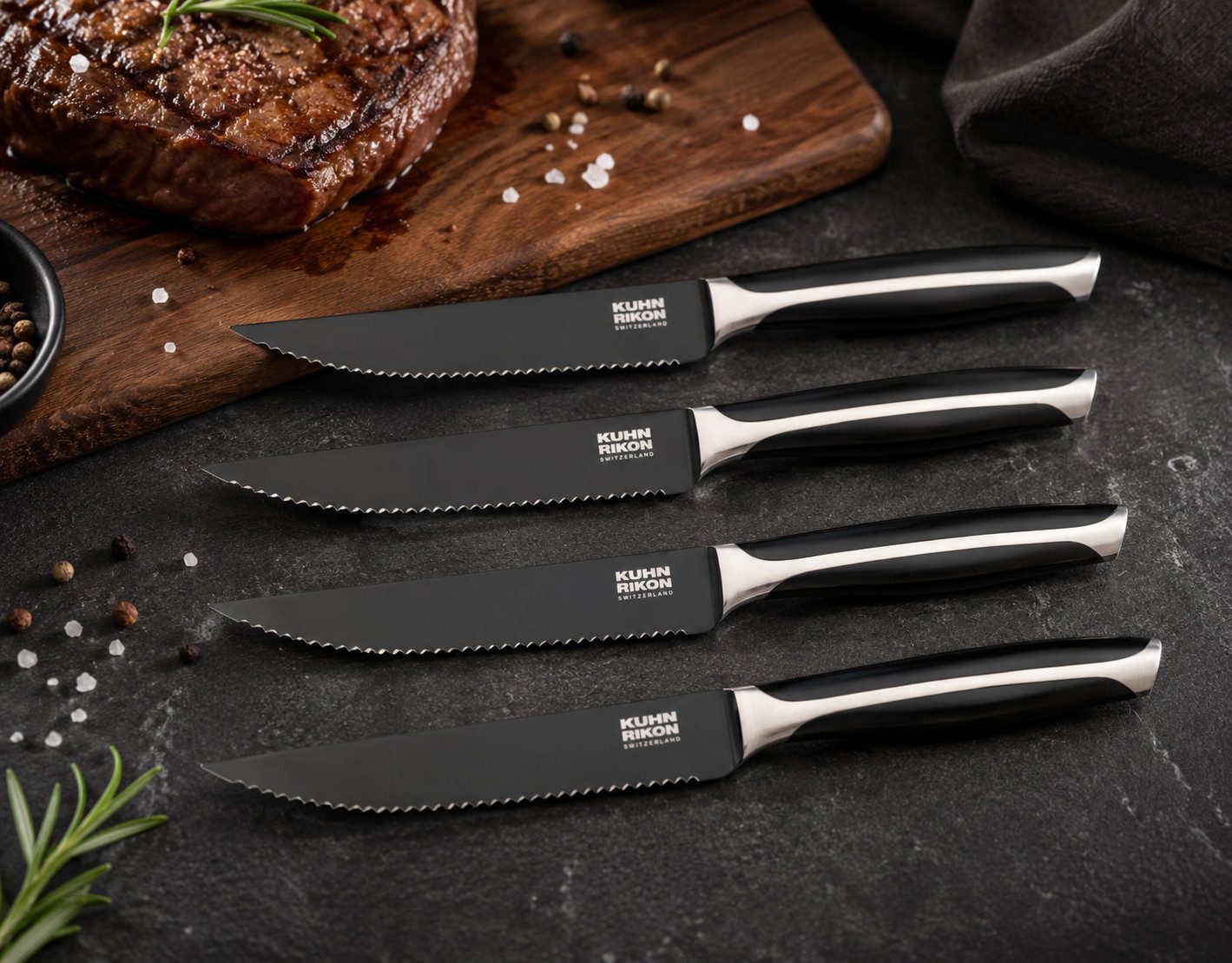 KUHN RIKON Steakbesteck Premium Steakbesteck Black Peak (4-tlg), 4 Personen, Edelstahl, japanischer Edelstahl