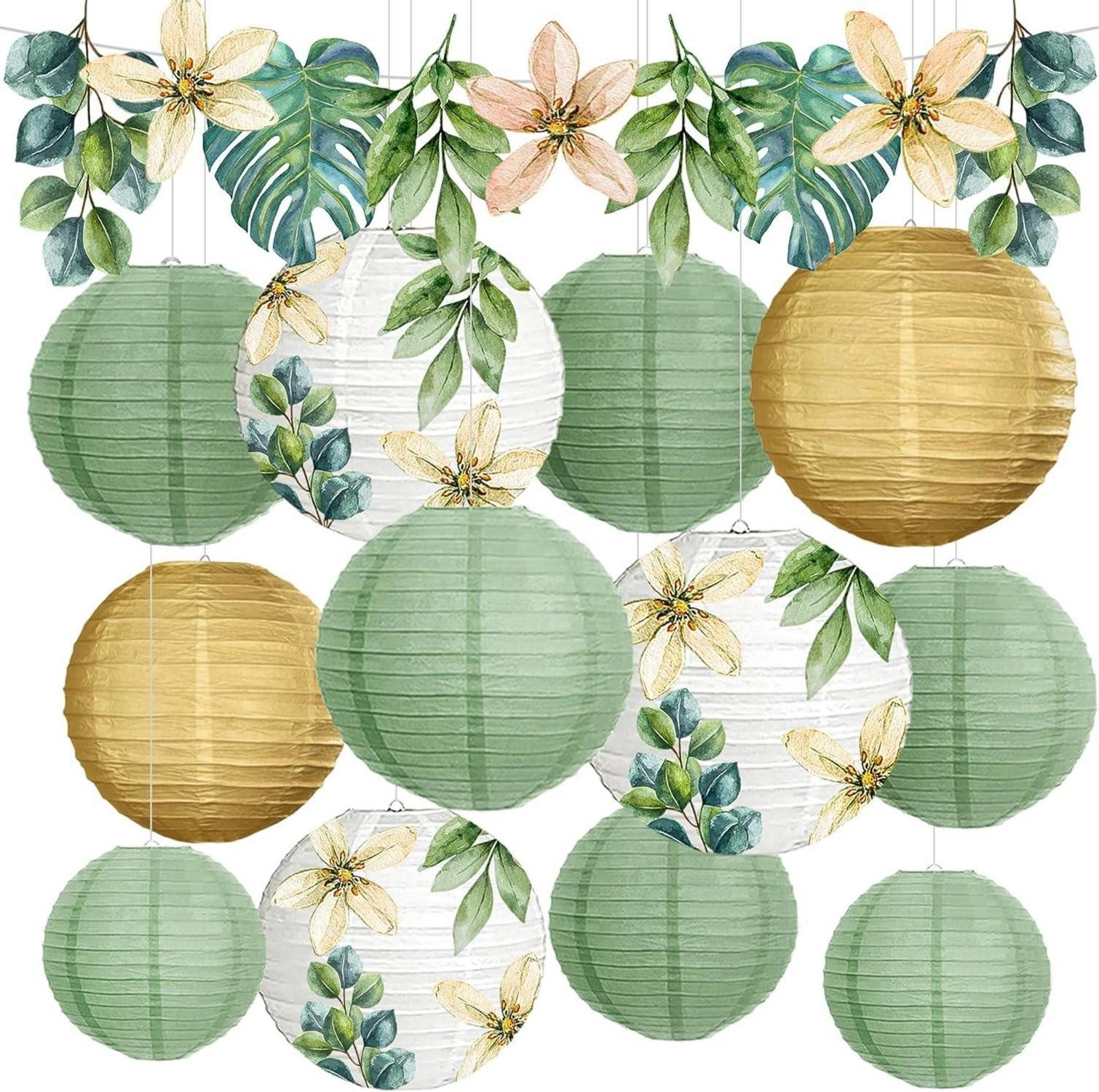Hängedekoration Party Deko Set Eukalyptus Salbeigrün Lampions Papierlaternen 13-teilig