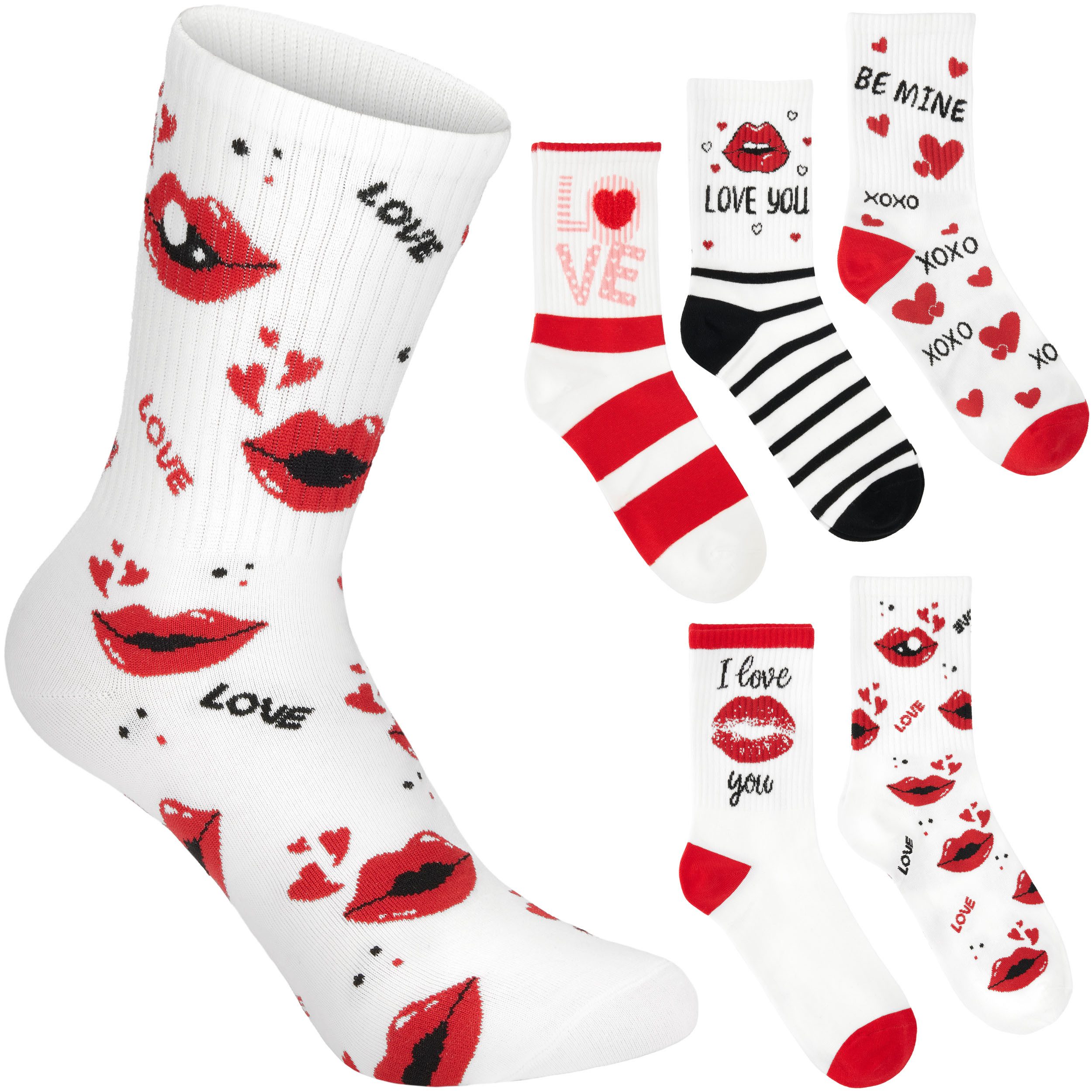 BRUBAKER Socken Weiße Tennissocken mit Roten Herzen - I Love You & Be Mine (Kuschelsocken Geschenk Set, 5-Paar, Damensocken mit Baumwolle) Crew Sockenset für Frauen - Weich und Kuschelig