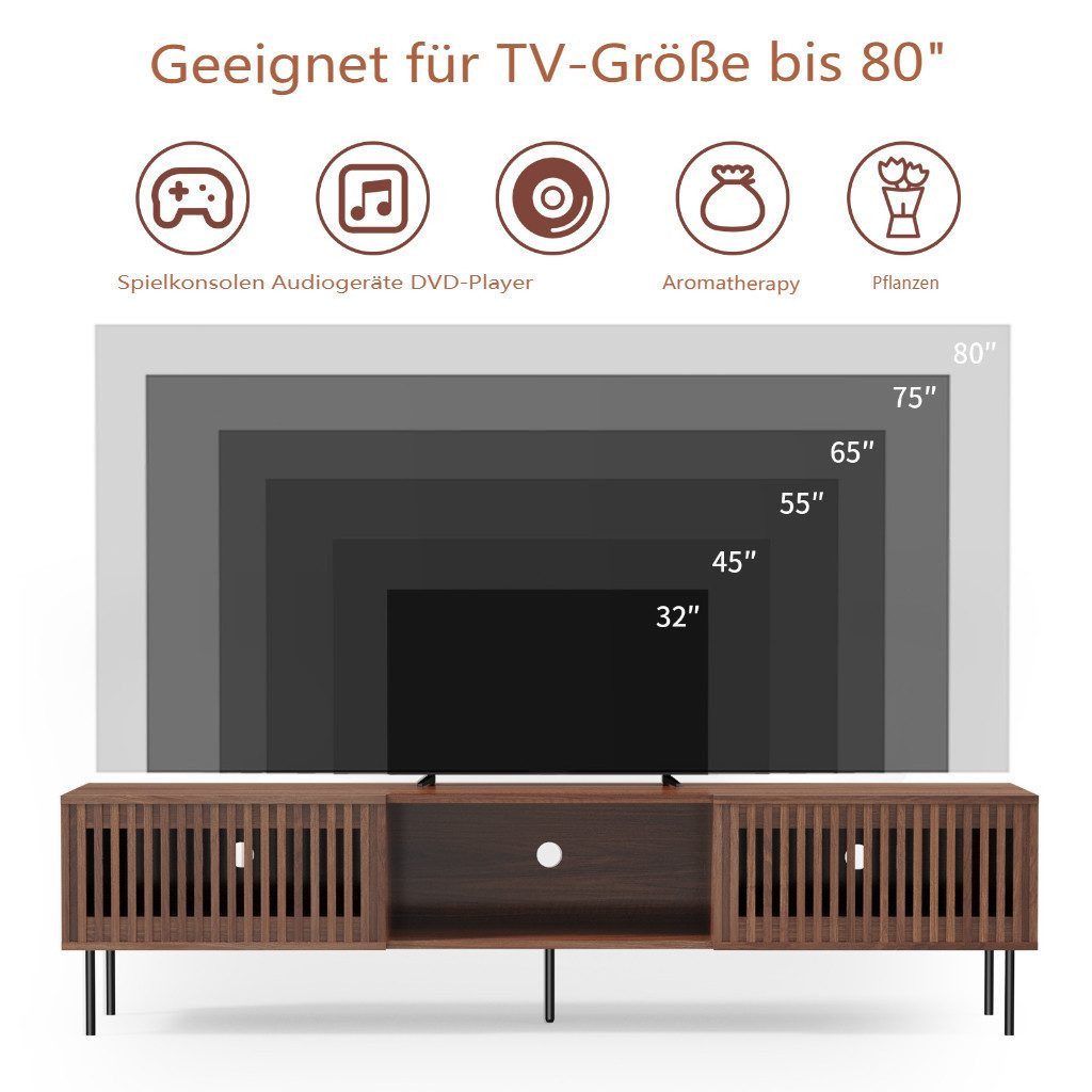 Insma Lowboard Modern TV-Schrank Fernsehrschrank mit 2 Lamellentüren 176×44×44cm, TV-Board stehend mit Stauraum & offenen Fächern