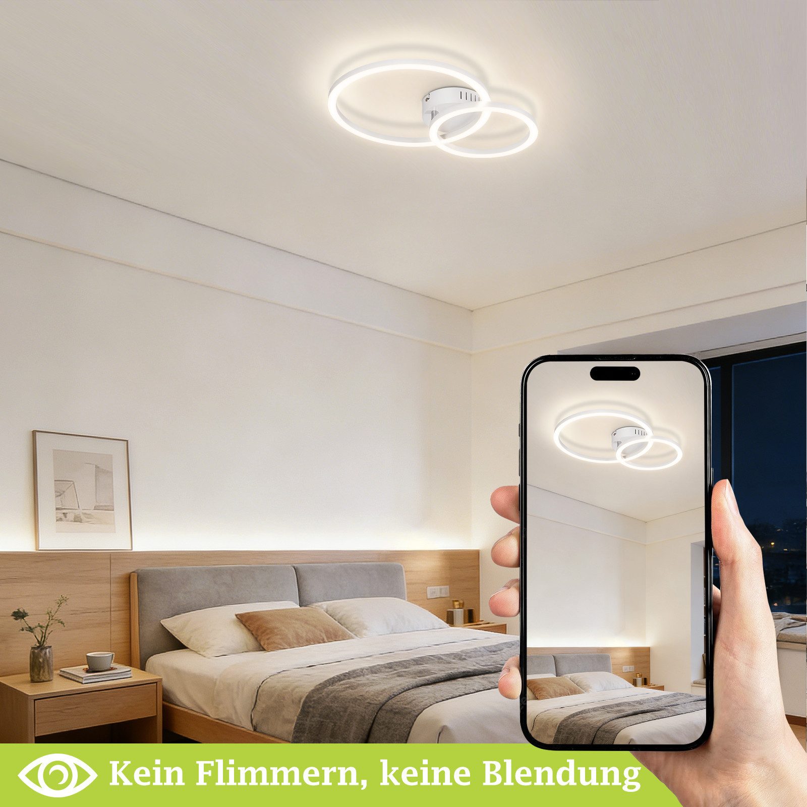 Nettlife LED Deckenleuchte Wohnzimmer 2 Ringe Schwarz/Weiß/Silber Modern 23W Deckenlampe 40.5CM, Nicht dimmbar, LED fest integriert, Warmweiß, für Wohnzimmer Sc – Bild 5 von 5